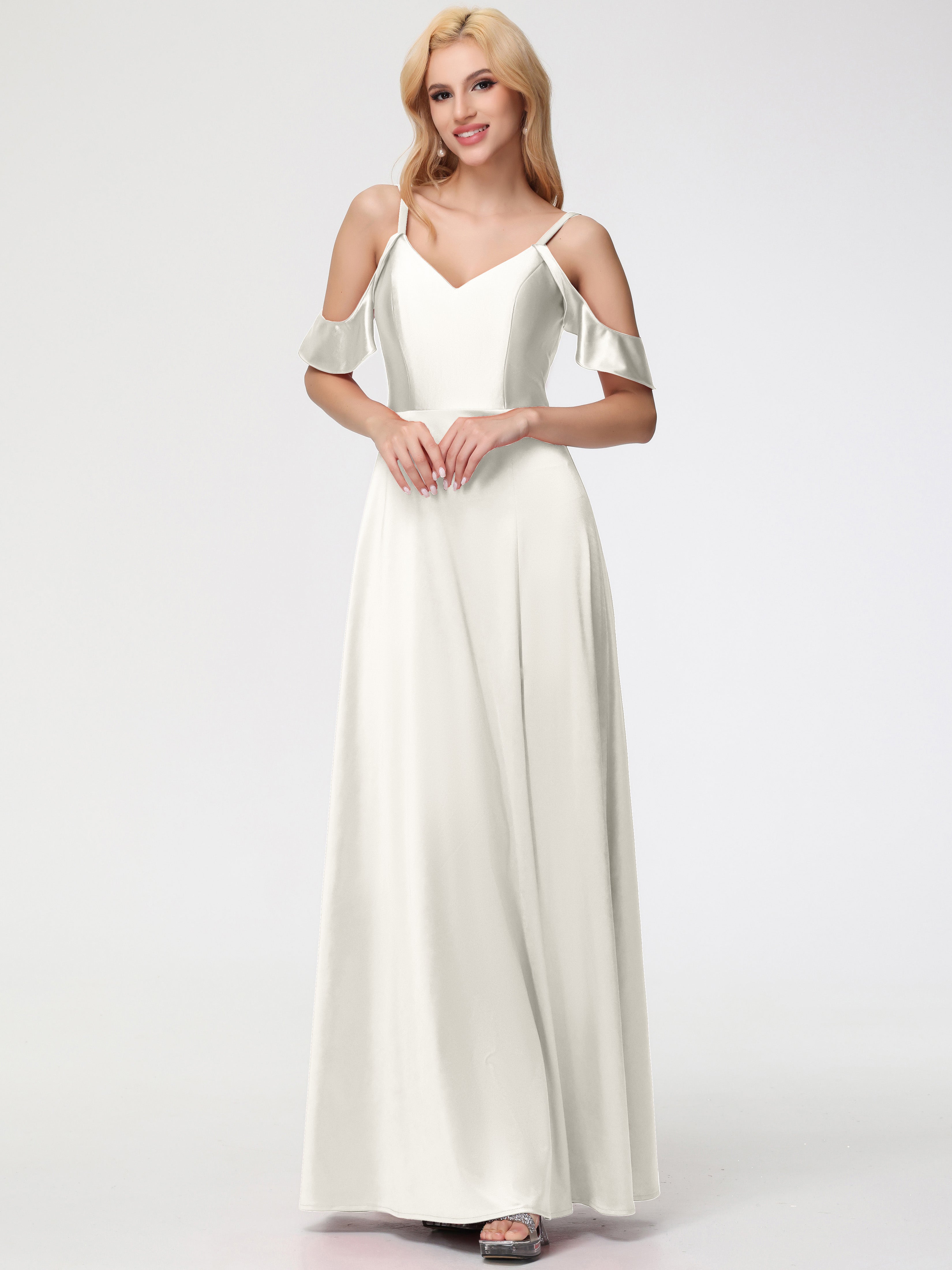 Robes De Demoiselle D'Honneur Ivoire épaule Dénudée à Volants Satin Extensible Robe De Demoiselle D'Honneur