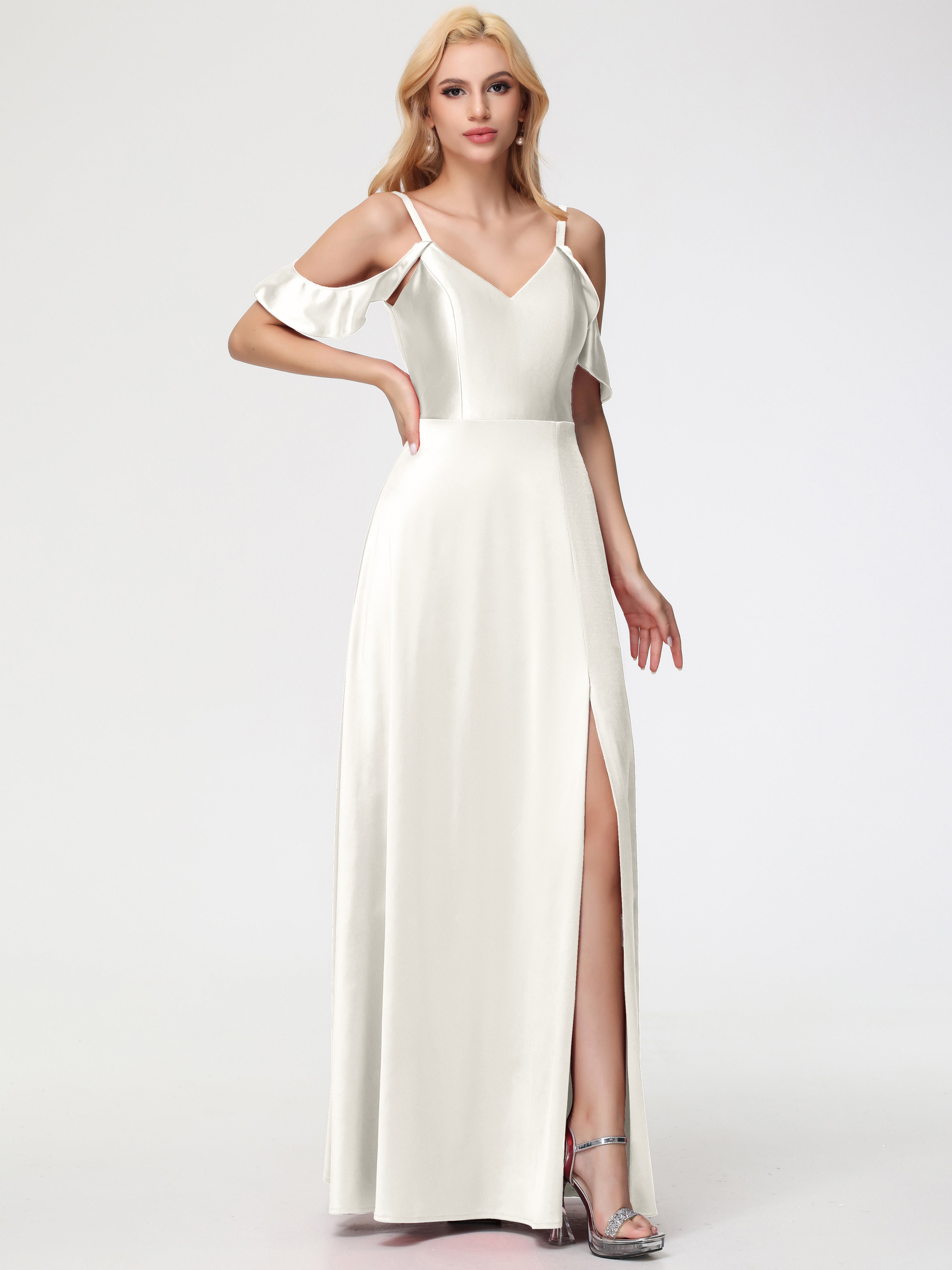 Robes De Demoiselle D'Honneur Ivoire épaule Dénudée à Volants Satin Extensible Robe De Demoiselle D'Honneur