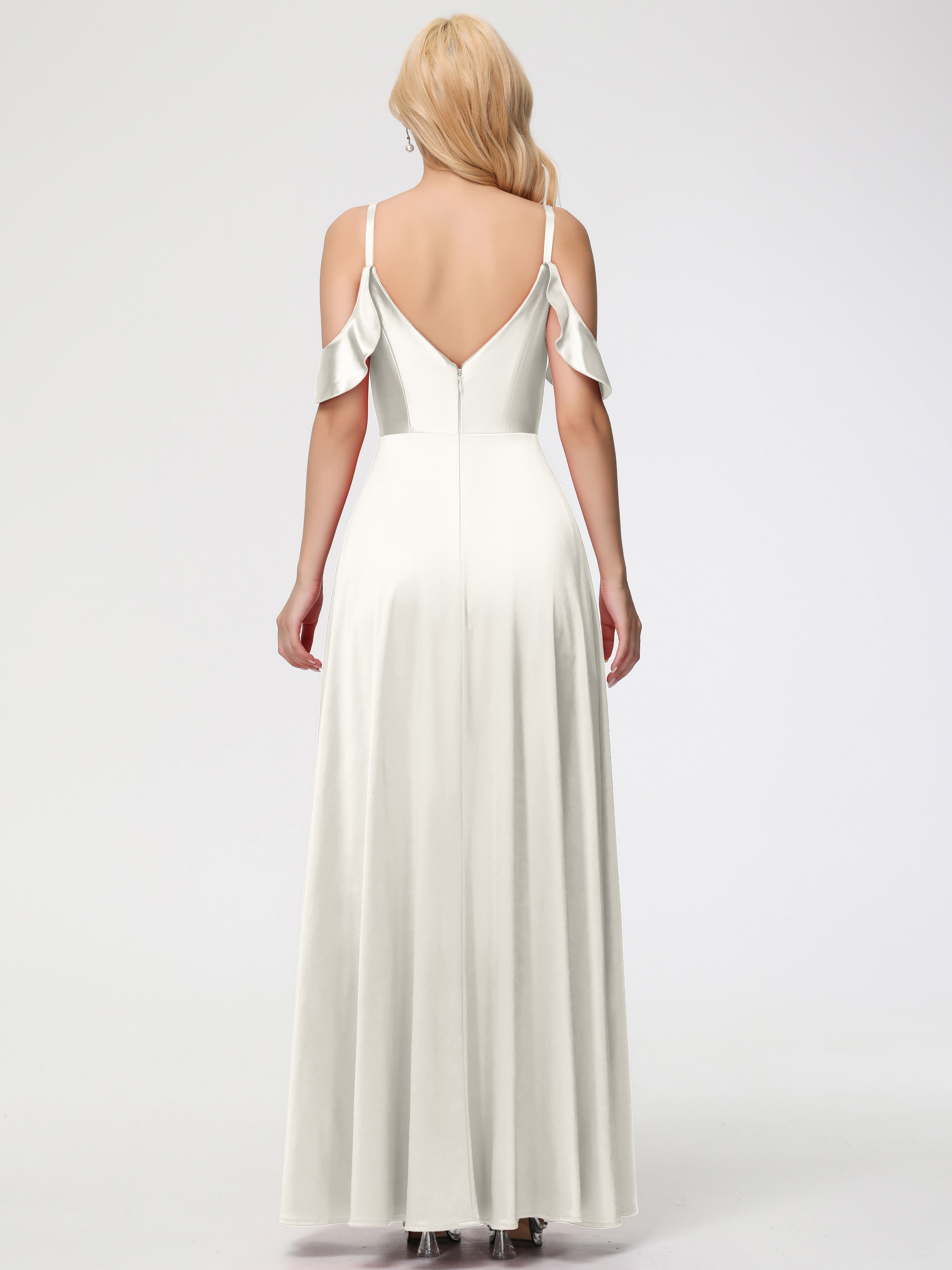 Robes De Demoiselle D'Honneur Ivoire épaule Dénudée à Volants Satin Extensible Robe De Demoiselle D'Honneur