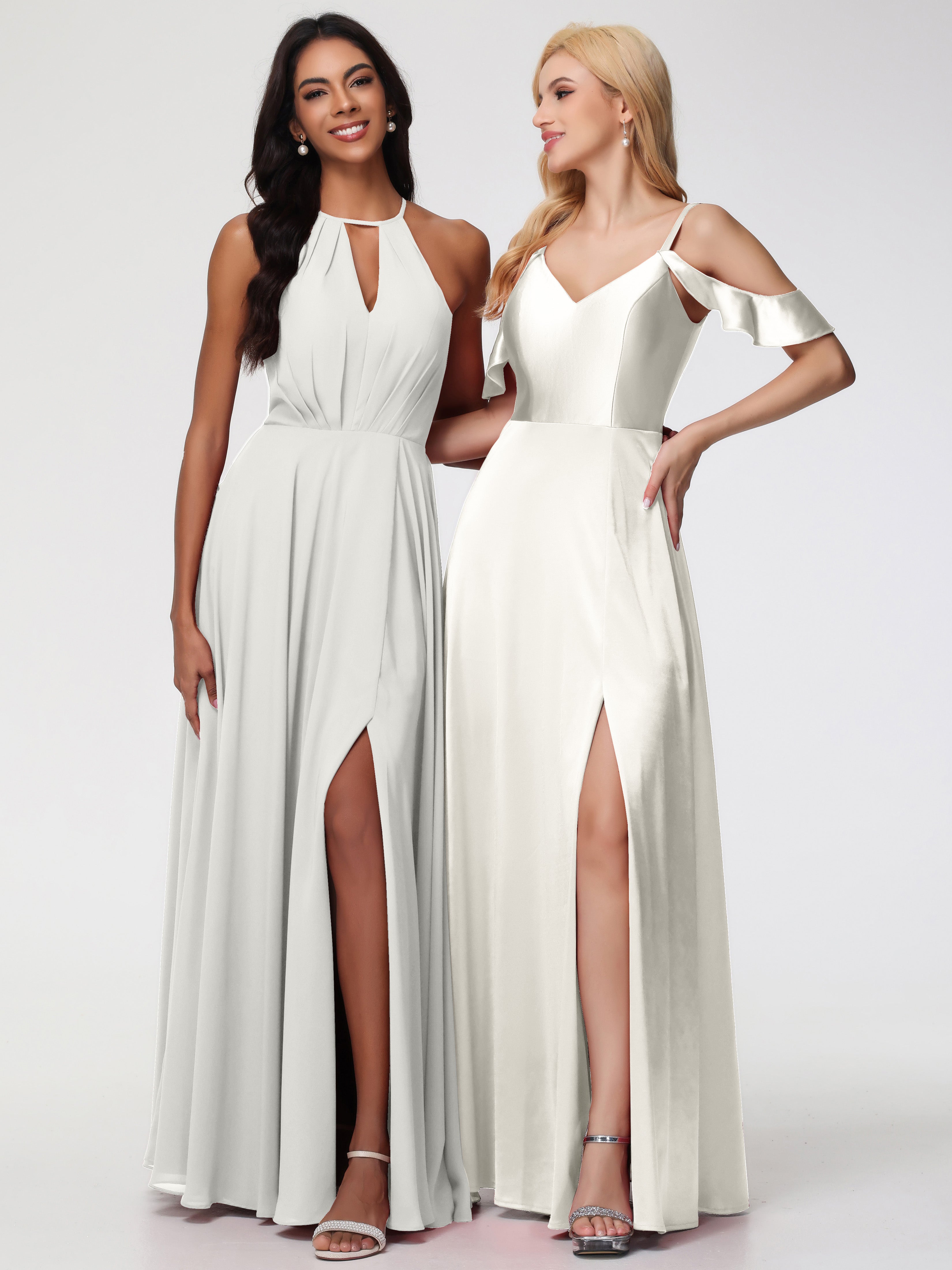 Robes De Demoiselle D'Honneur Ivoire épaule Dénudée à Volants Satin Extensible Robe De Demoiselle D'Honneur