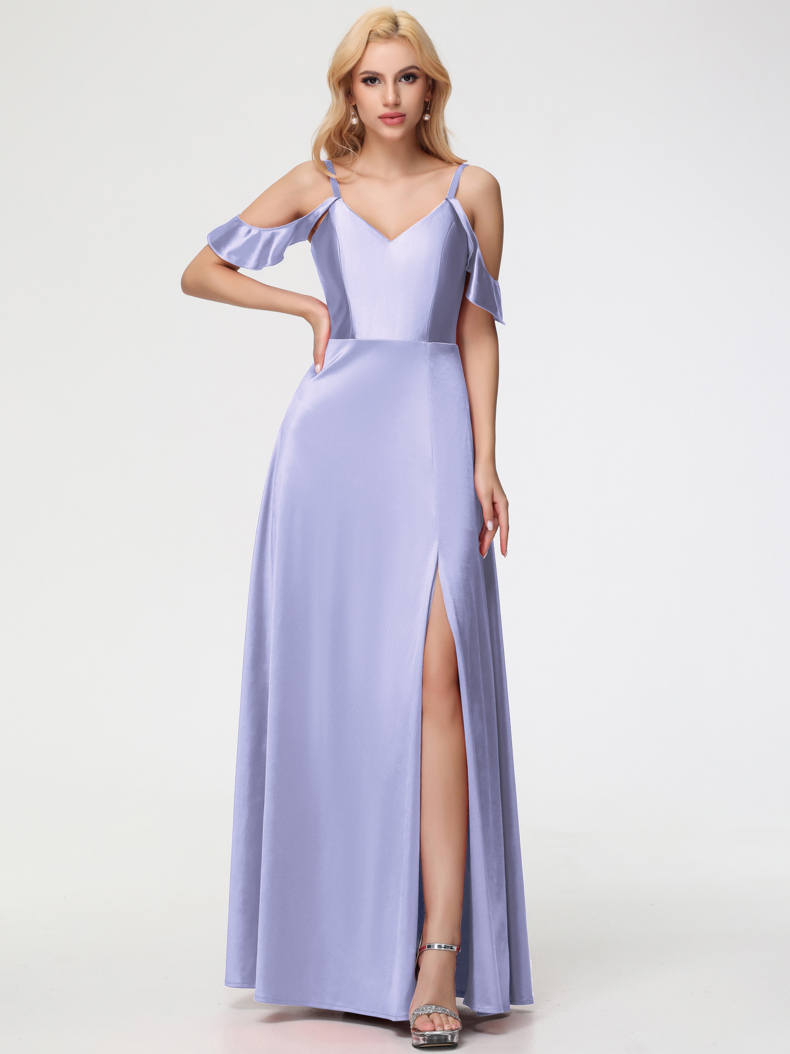Robe De Demoiselle D'Honneur Lavande épaule Dénudée à Volants Satin Extensible Robe De Demoiselle D'Honneur
