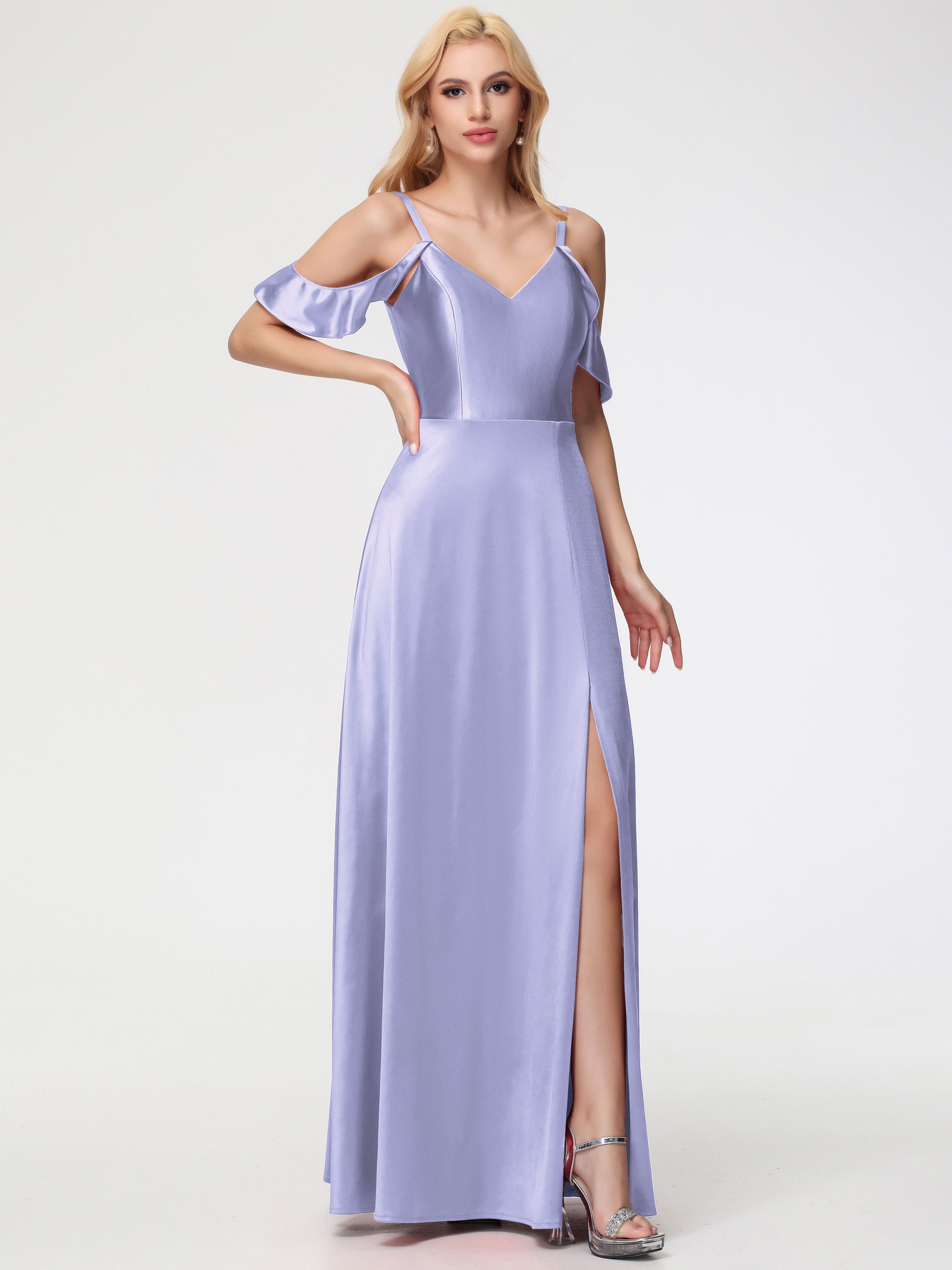 Robe De Demoiselle D'Honneur Lavande épaule Dénudée à Volants Satin Extensible Robe De Demoiselle D'Honneur