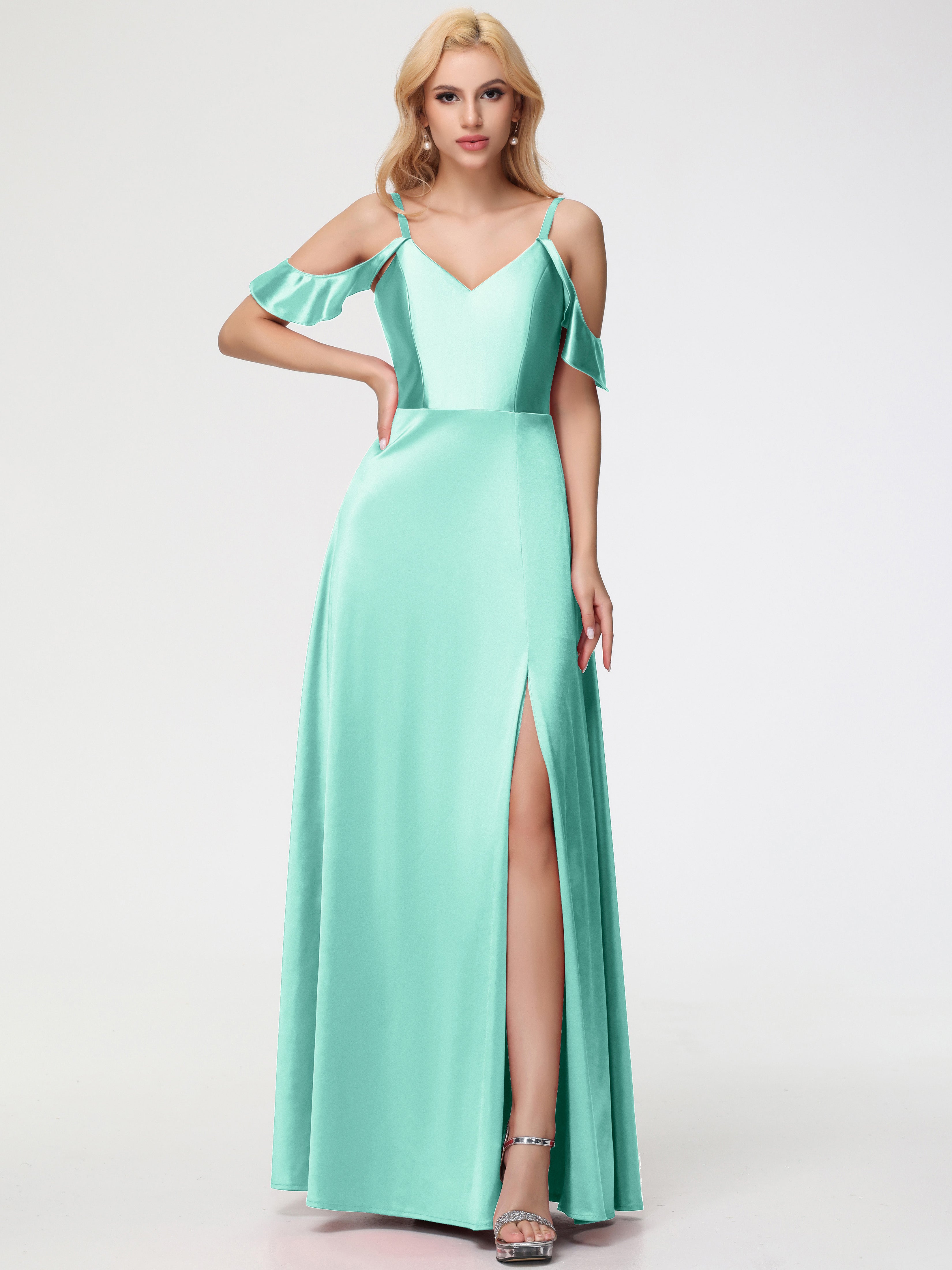 Robes De Demoiselle D'Honneur Vert Menthe épaule Dénudée à Volants Satin Extensible Robe De Demoiselle D'Honneur