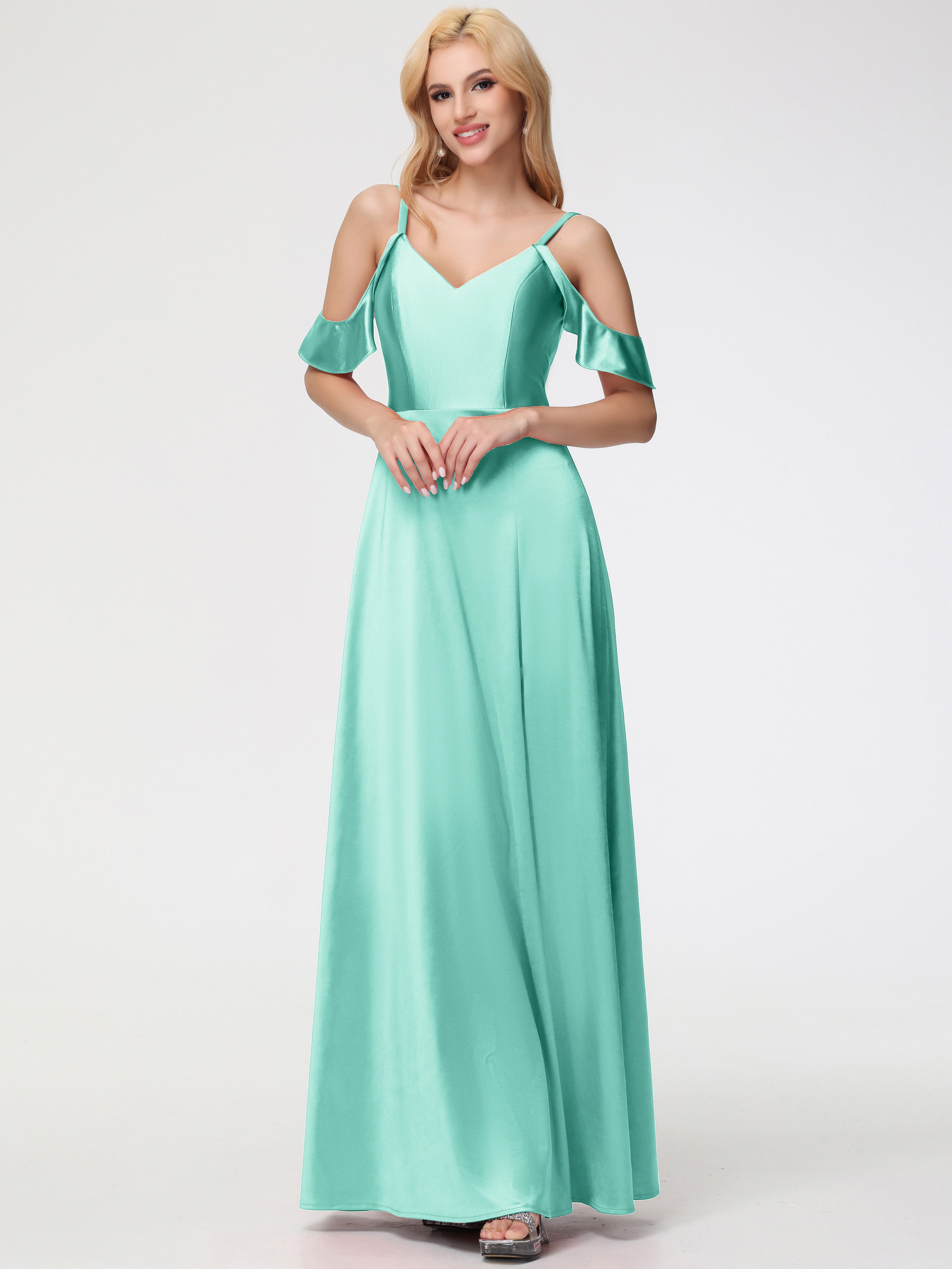 Robes De Demoiselle D'Honneur Vert Menthe épaule Dénudée à Volants Satin Extensible Robe De Demoiselle D'Honneur