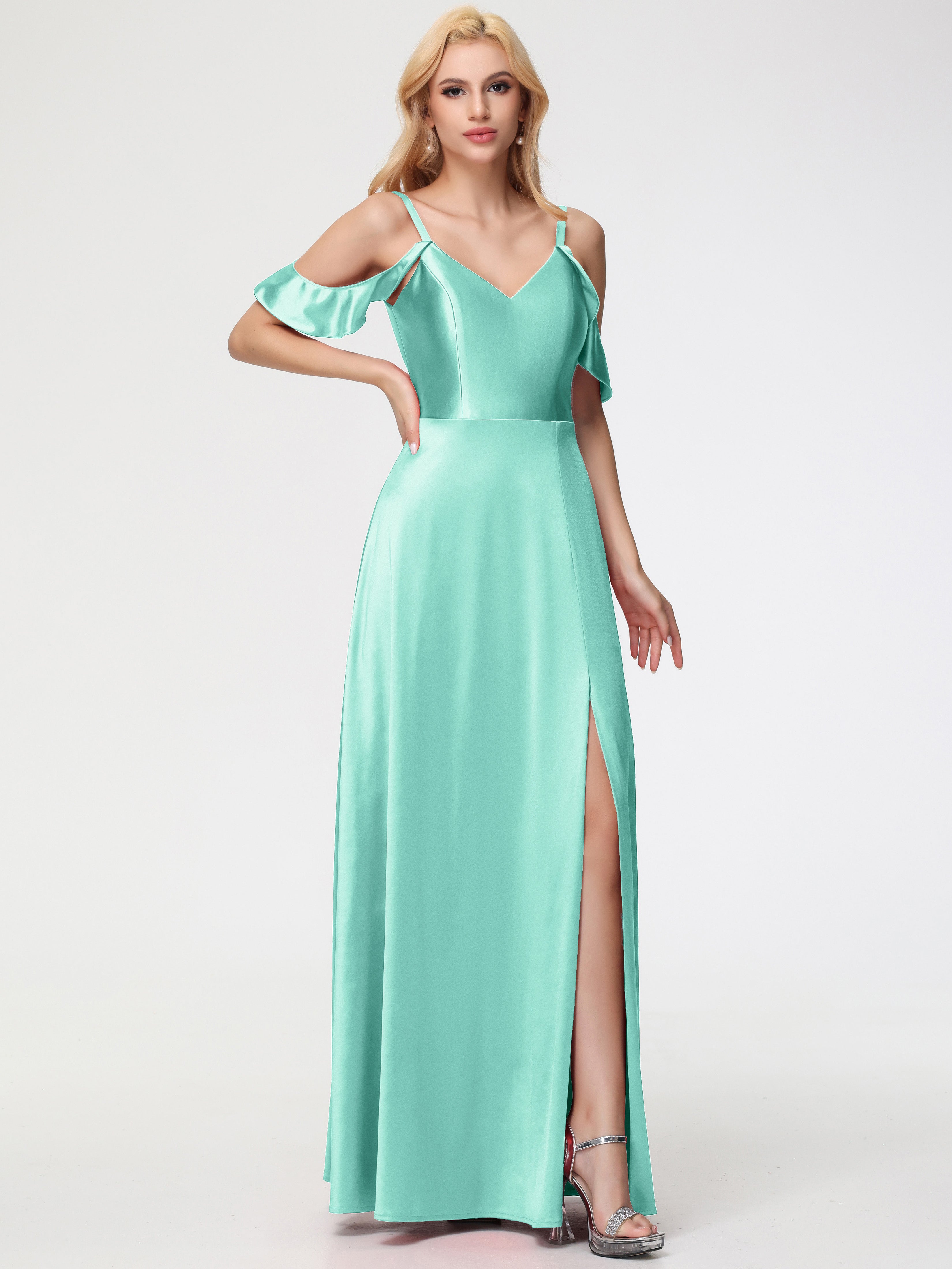 Robes De Demoiselle D'Honneur Vert Menthe épaule Dénudée à Volants Satin Extensible Robe De Demoiselle D'Honneur