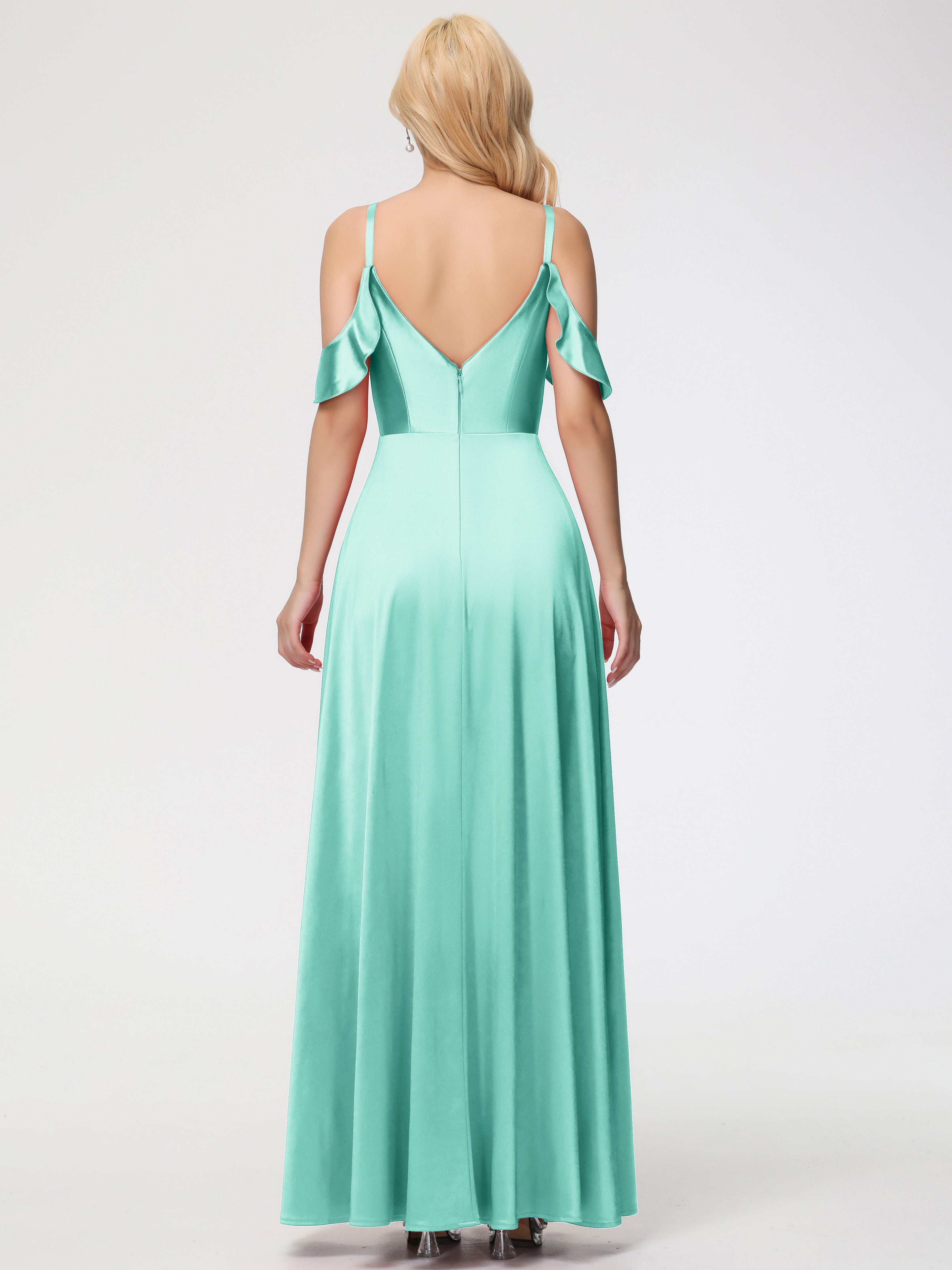 Robes De Demoiselle D'Honneur Vert Menthe épaule Dénudée à Volants Satin Extensible Robe De Demoiselle D'Honneur