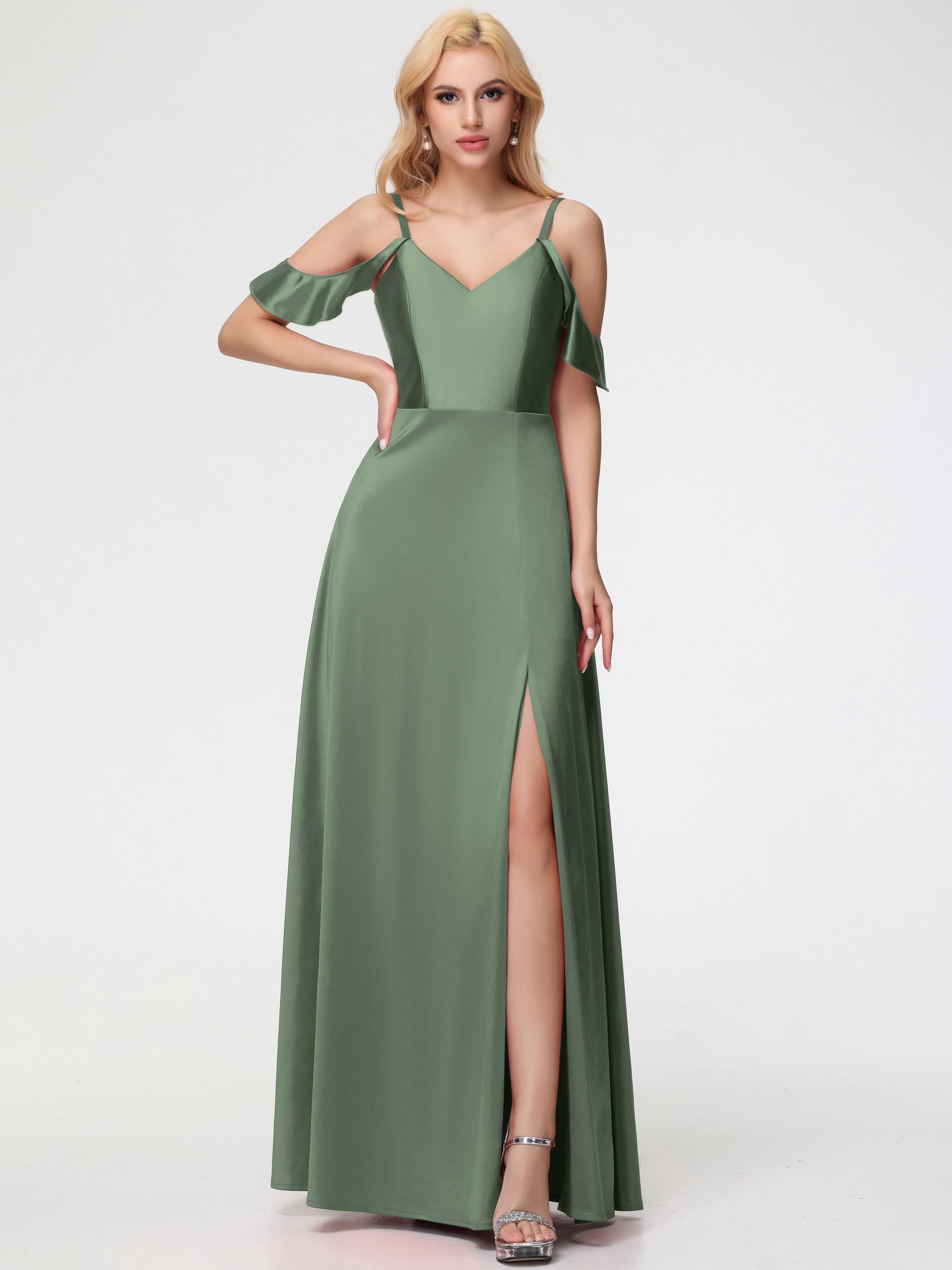 Robes De Demoiselle D'Honneur Olive épaule Dénudée à Volants Satin Extensible Robe De Demoiselle D'Honneur