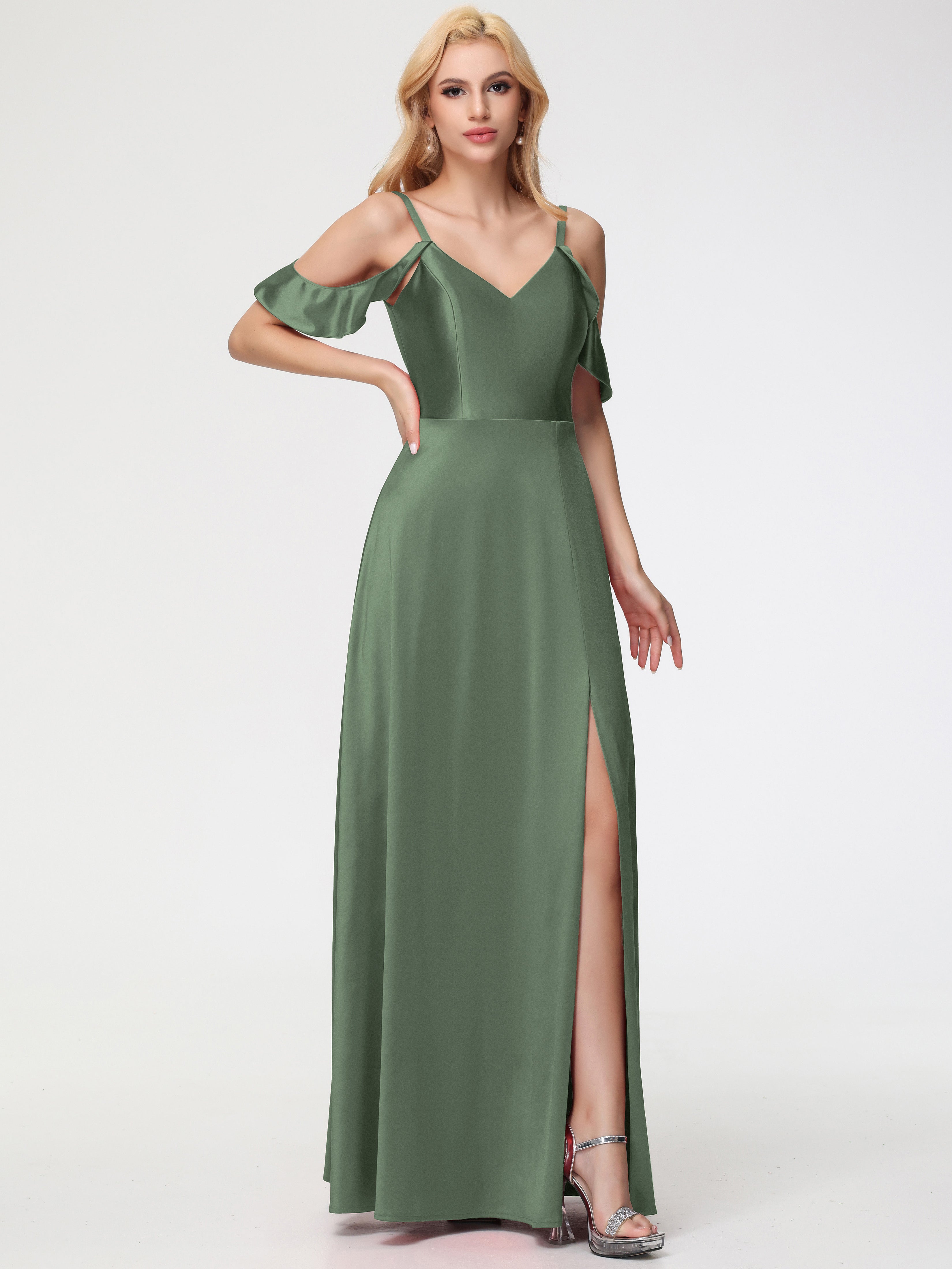 Robes De Demoiselle D'Honneur Olive épaule Dénudée à Volants Satin Extensible Robe De Demoiselle D'Honneur