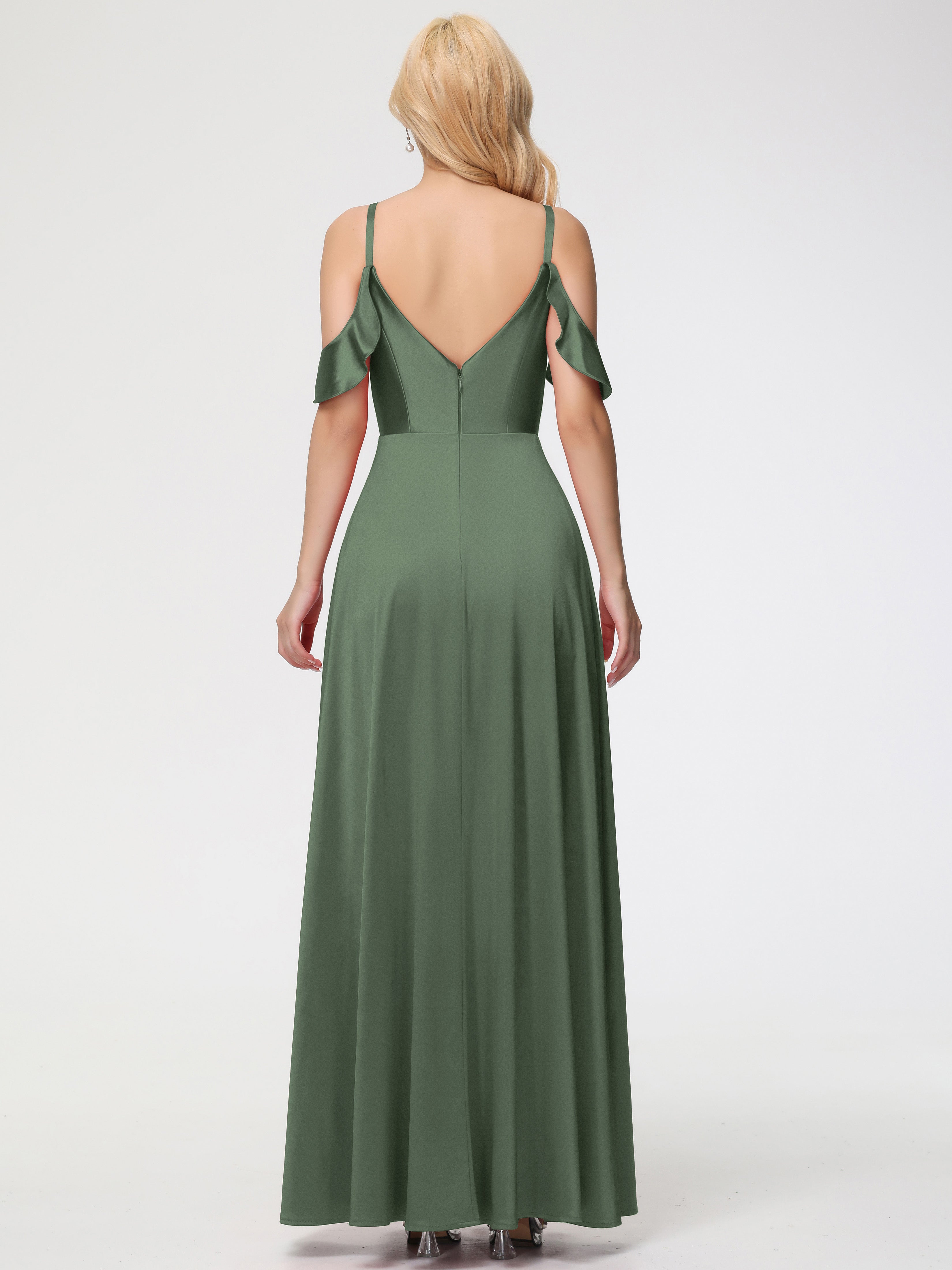 Robes De Demoiselle D'Honneur Olive épaule Dénudée à Volants Satin Extensible Robe De Demoiselle D'Honneur