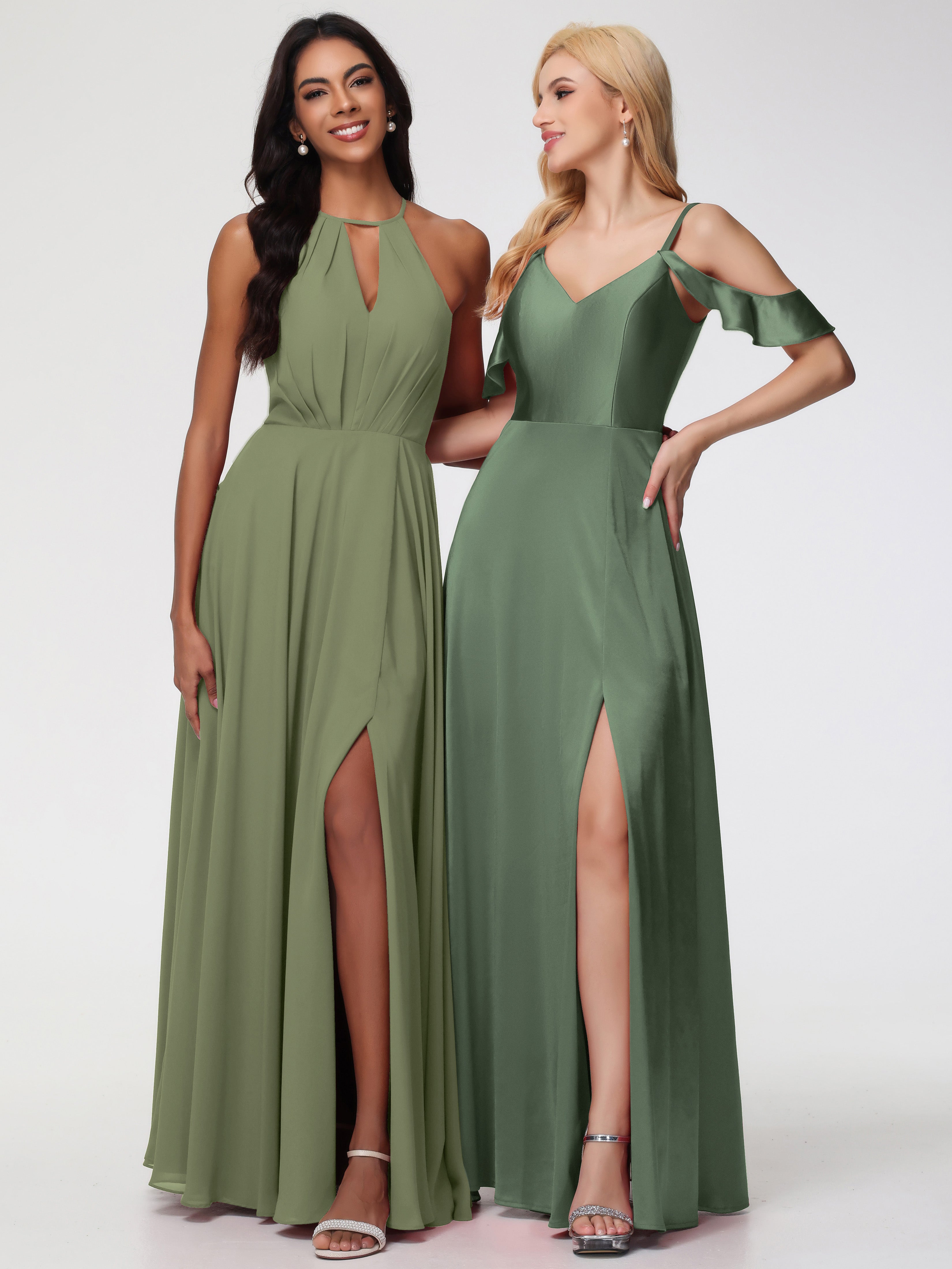 Robes De Demoiselle D'Honneur Olive épaule Dénudée à Volants Satin Extensible Robe De Demoiselle D'Honneur