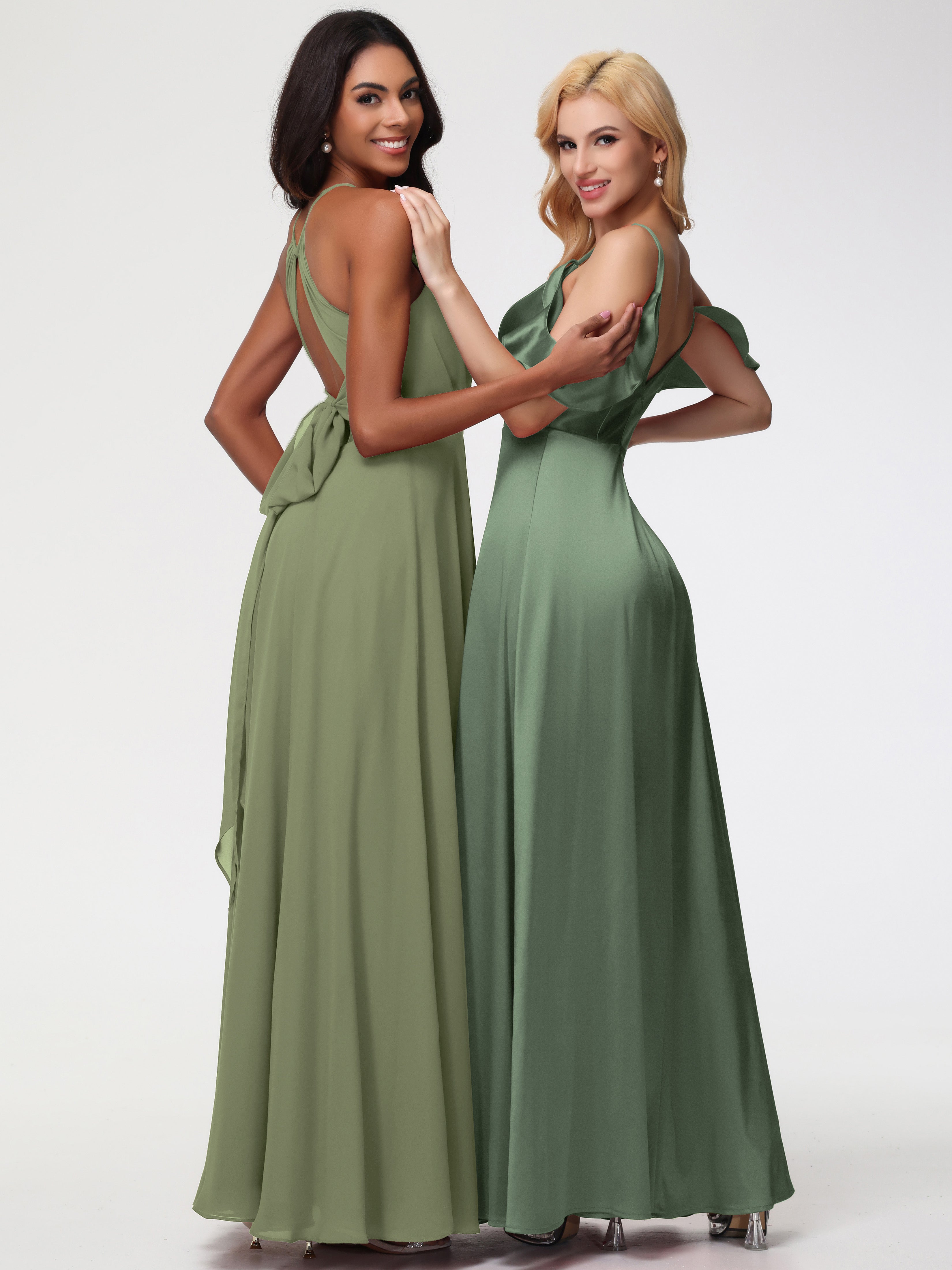 Robes De Demoiselle D'Honneur Olive épaule Dénudée à Volants Satin Extensible Robe De Demoiselle D'Honneur