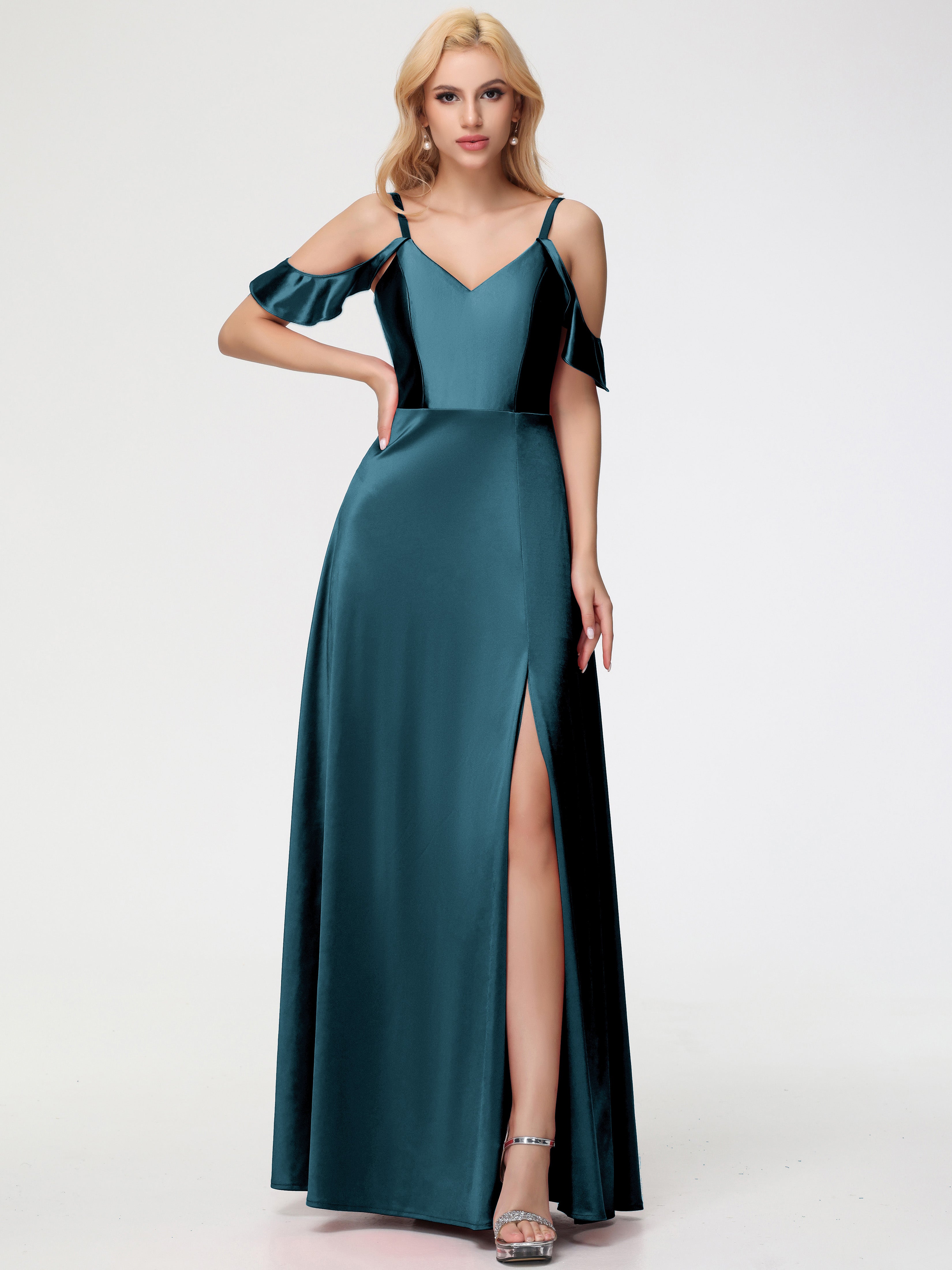 Robes De Demoiselle D'Honneur Couleur Paon Bon Marché épaule Dénudée à Volants Satin Extensible Robe De Demoiselle D'Honneur