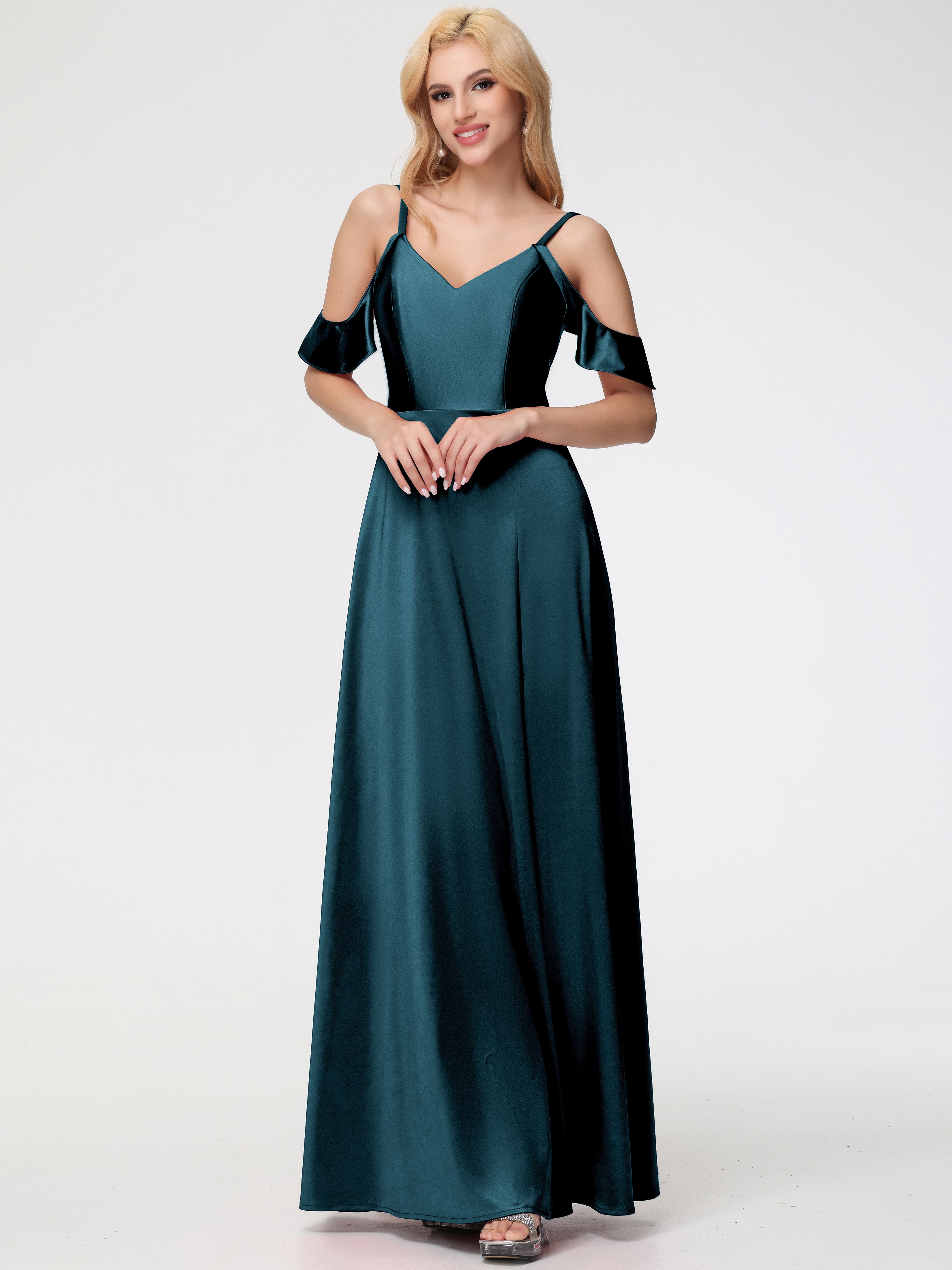 Robes De Demoiselle D'Honneur Couleur Paon Bon Marché épaule Dénudée à Volants Satin Extensible Robe De Demoiselle D'Honneur