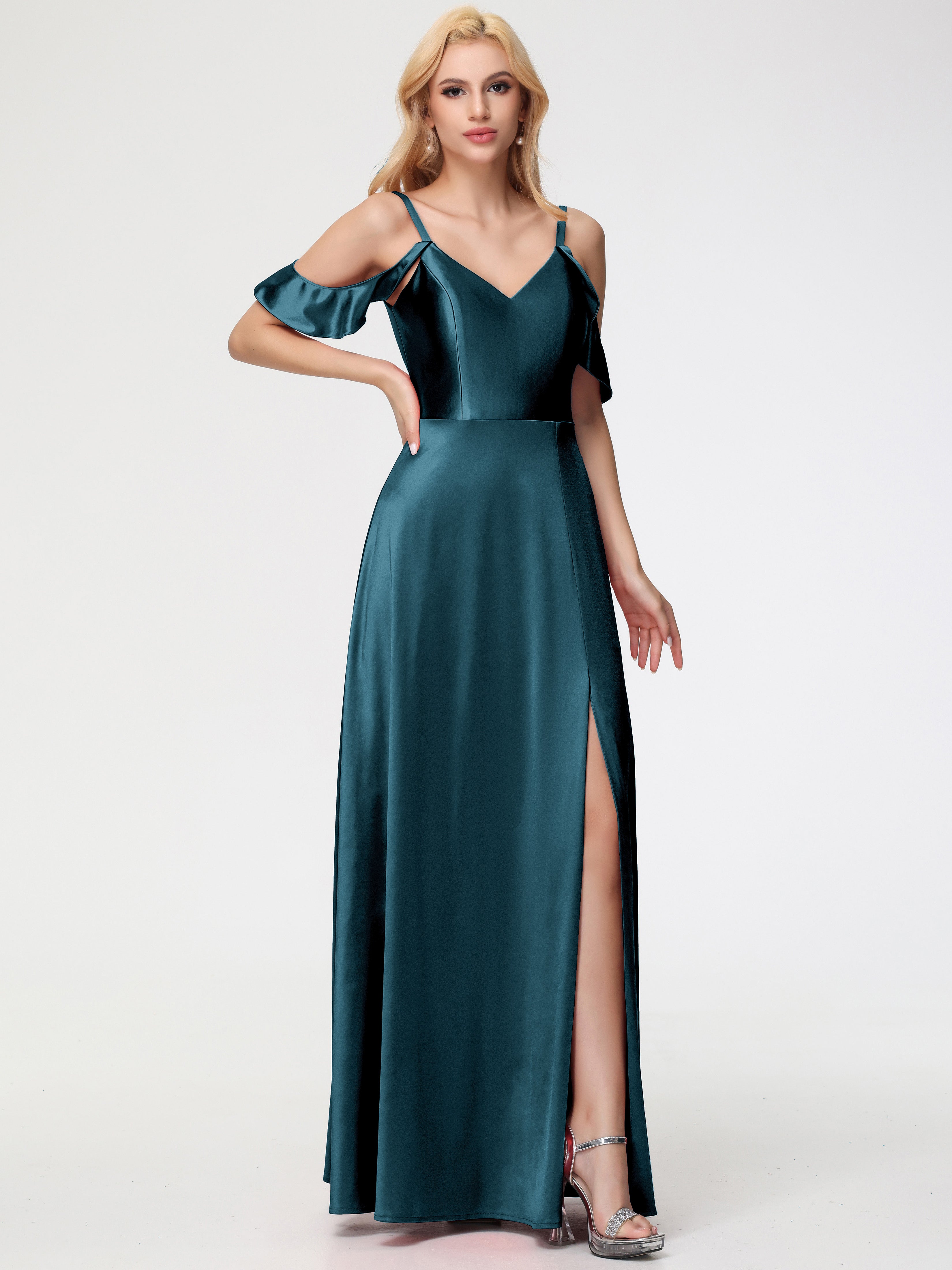 Robes De Demoiselle D'Honneur Couleur Paon Bon Marché épaule Dénudée à Volants Satin Extensible Robe De Demoiselle D'Honneur