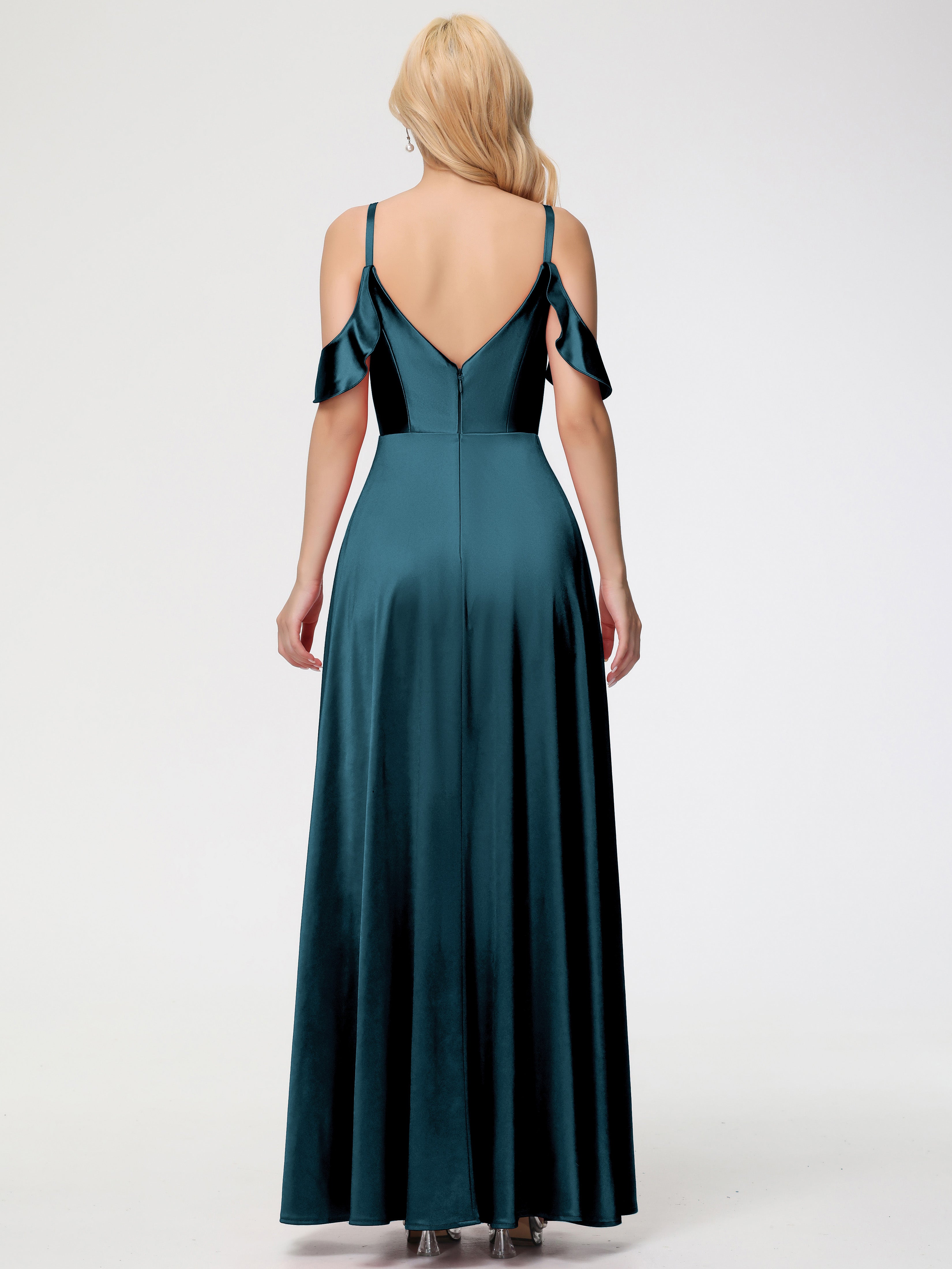 Robes De Demoiselle D'Honneur Couleur Paon Bon Marché épaule Dénudée à Volants Satin Extensible Robe De Demoiselle D'Honneur