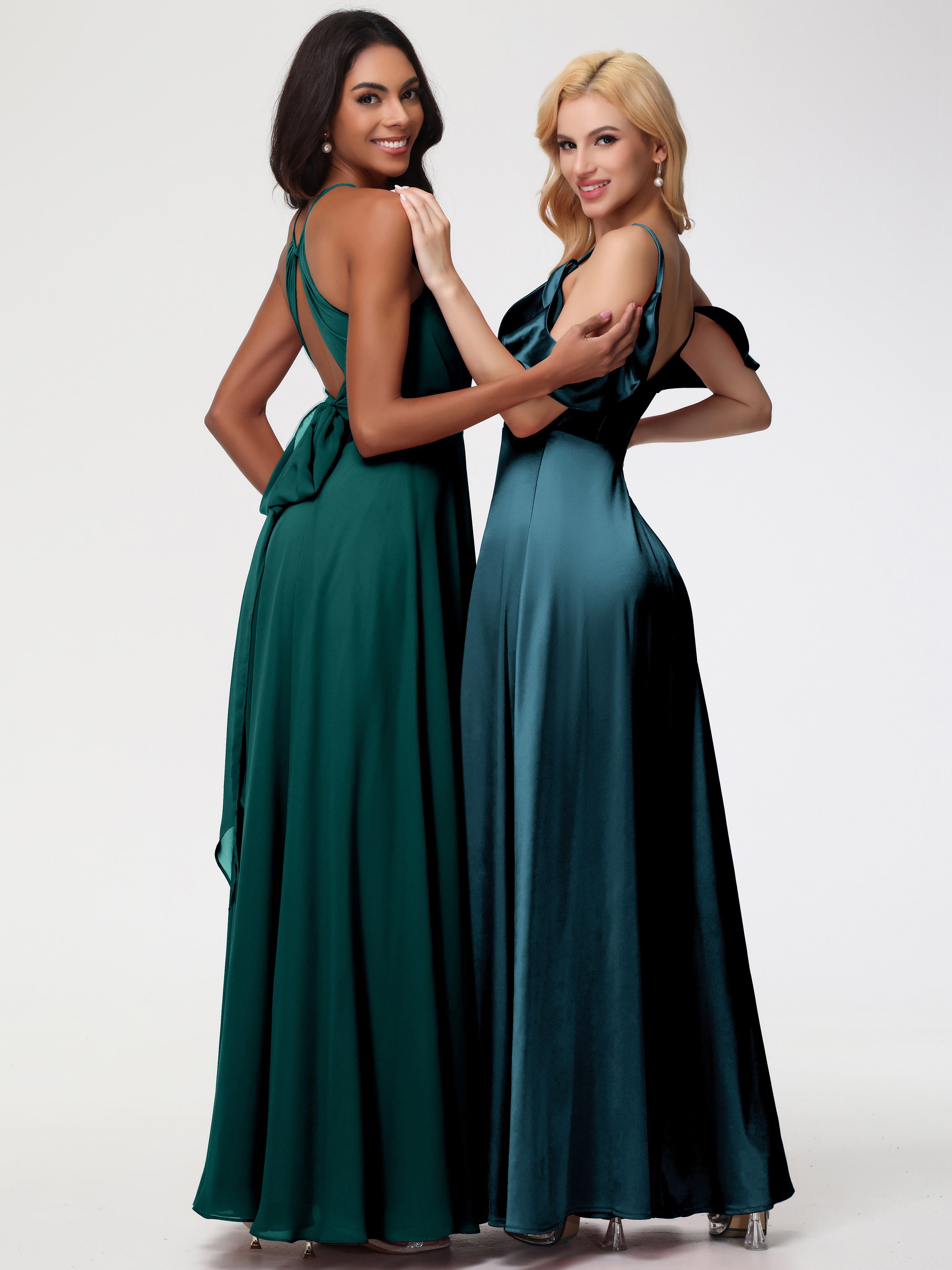 Robes De Demoiselle D'Honneur Couleur Paon Bon Marché épaule Dénudée à Volants Satin Extensible Robe De Demoiselle D'Honneur