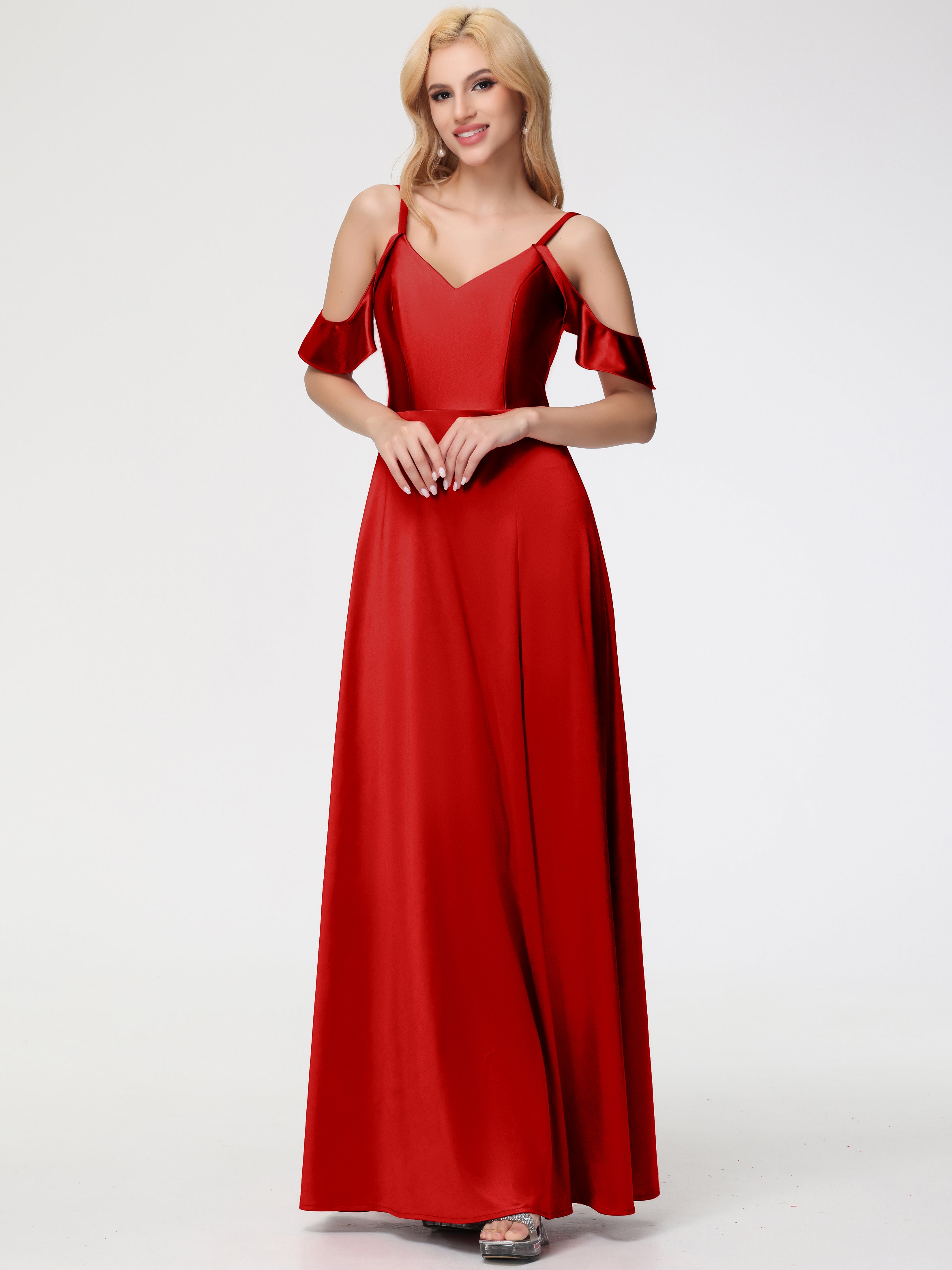 Robes De Demoiselle D'Honneur Rouges épaule Dénudée à Volants Satin Extensible Robe De Demoiselle D'Honneur