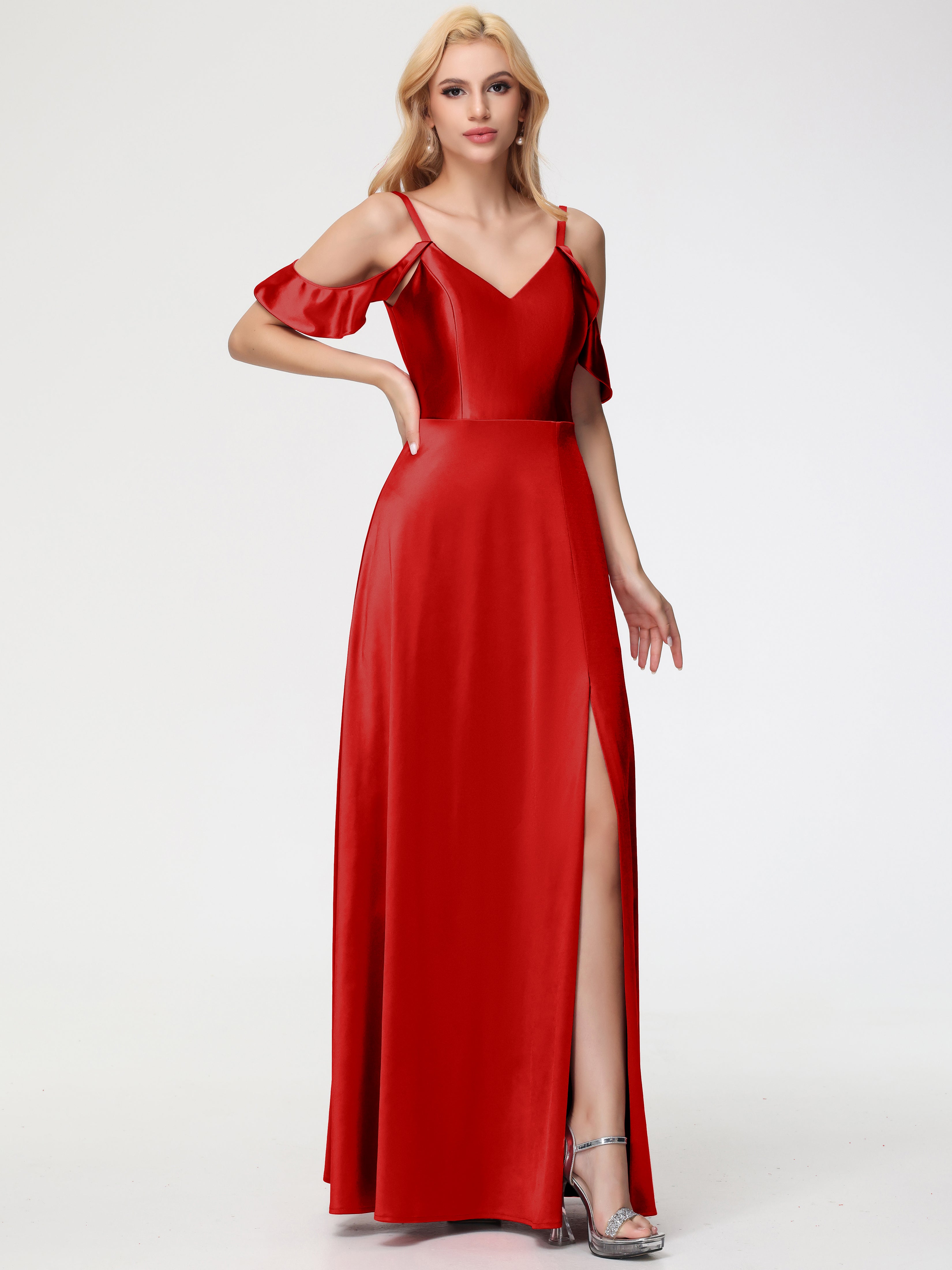 Robes De Demoiselle D'Honneur Rouges épaule Dénudée à Volants Satin Extensible Robe De Demoiselle D'Honneur