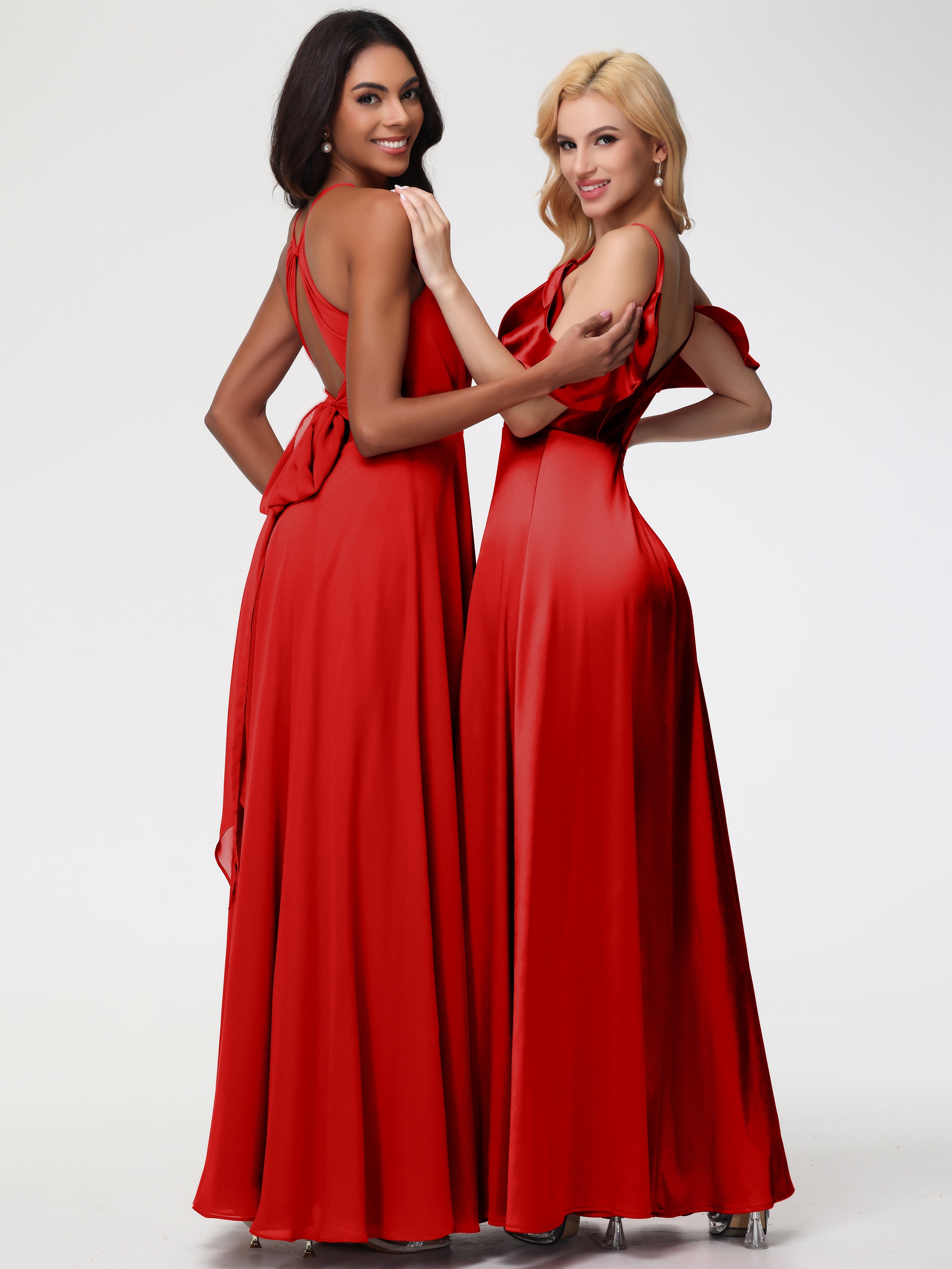 Robes De Demoiselle D'Honneur Rouges épaule Dénudée à Volants Satin Extensible Robe De Demoiselle D'Honneur