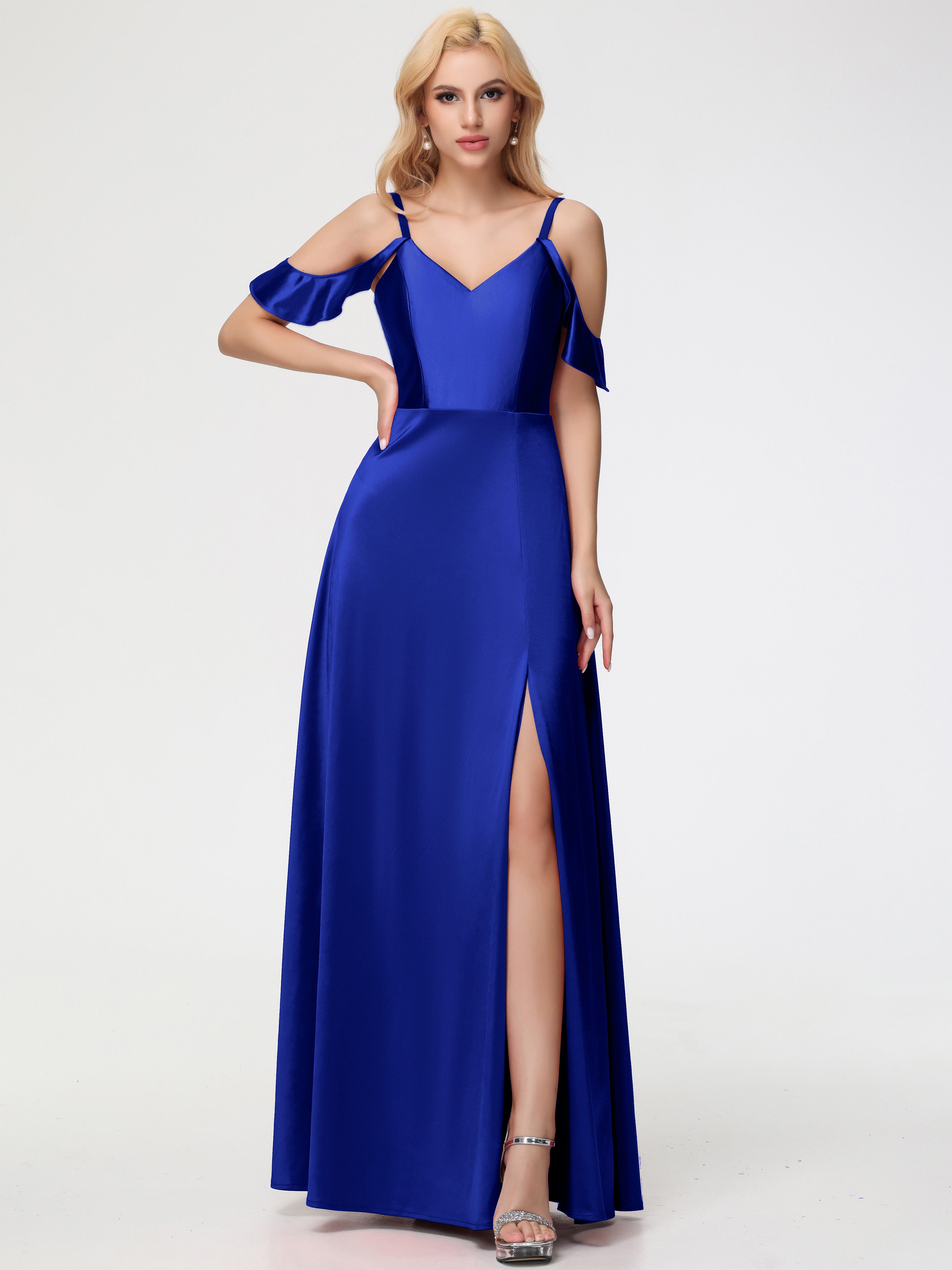 Robes De Demoiselle D'Honneur Bleu Royal Pas Cher épaule Dénudée à Volants Satin Extensible Robe De Demoiselle D'Honneur