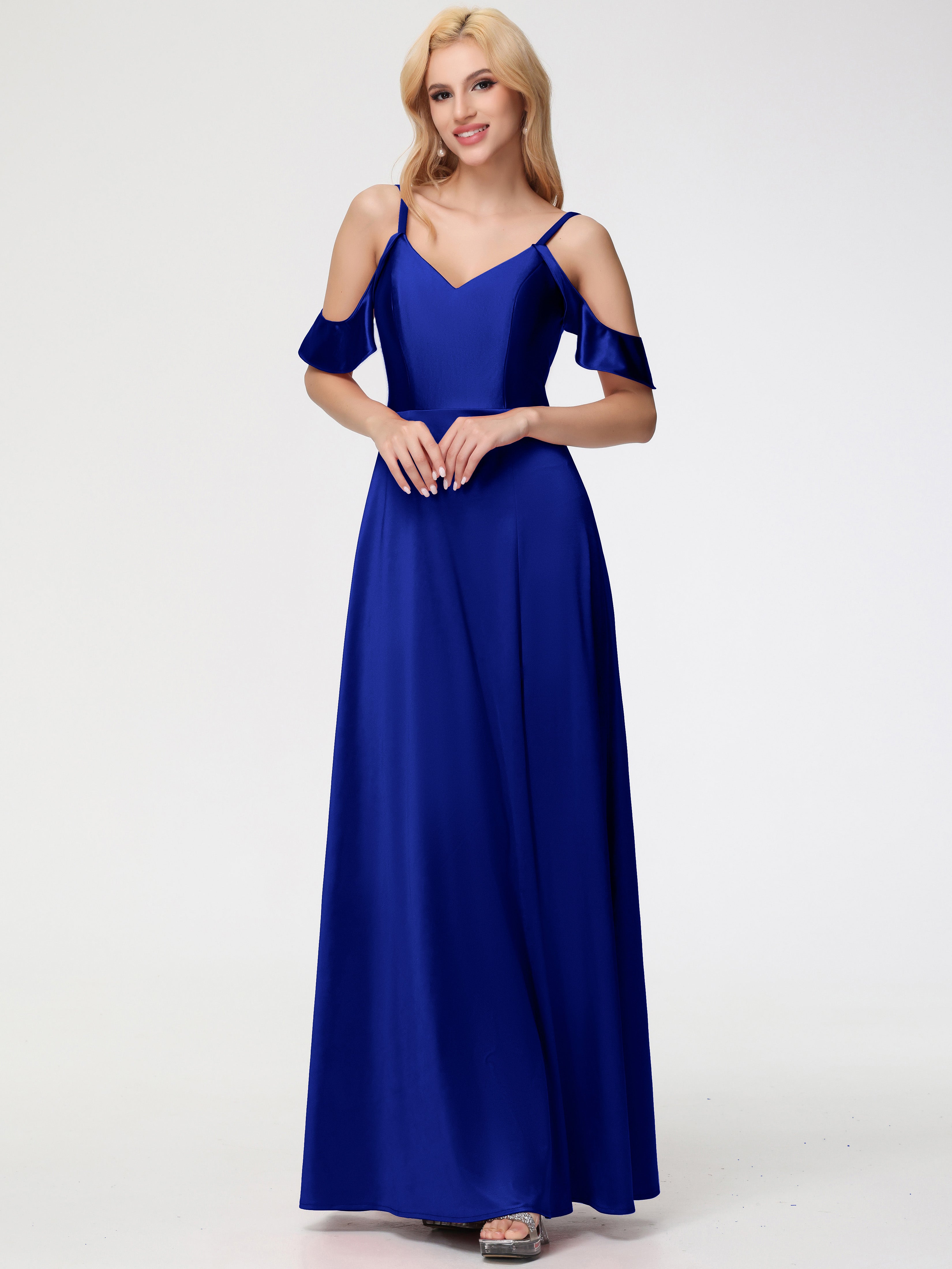 Robes De Demoiselle D'Honneur Bleu Royal Pas Cher épaule Dénudée à Volants Satin Extensible Robe De Demoiselle D'Honneur