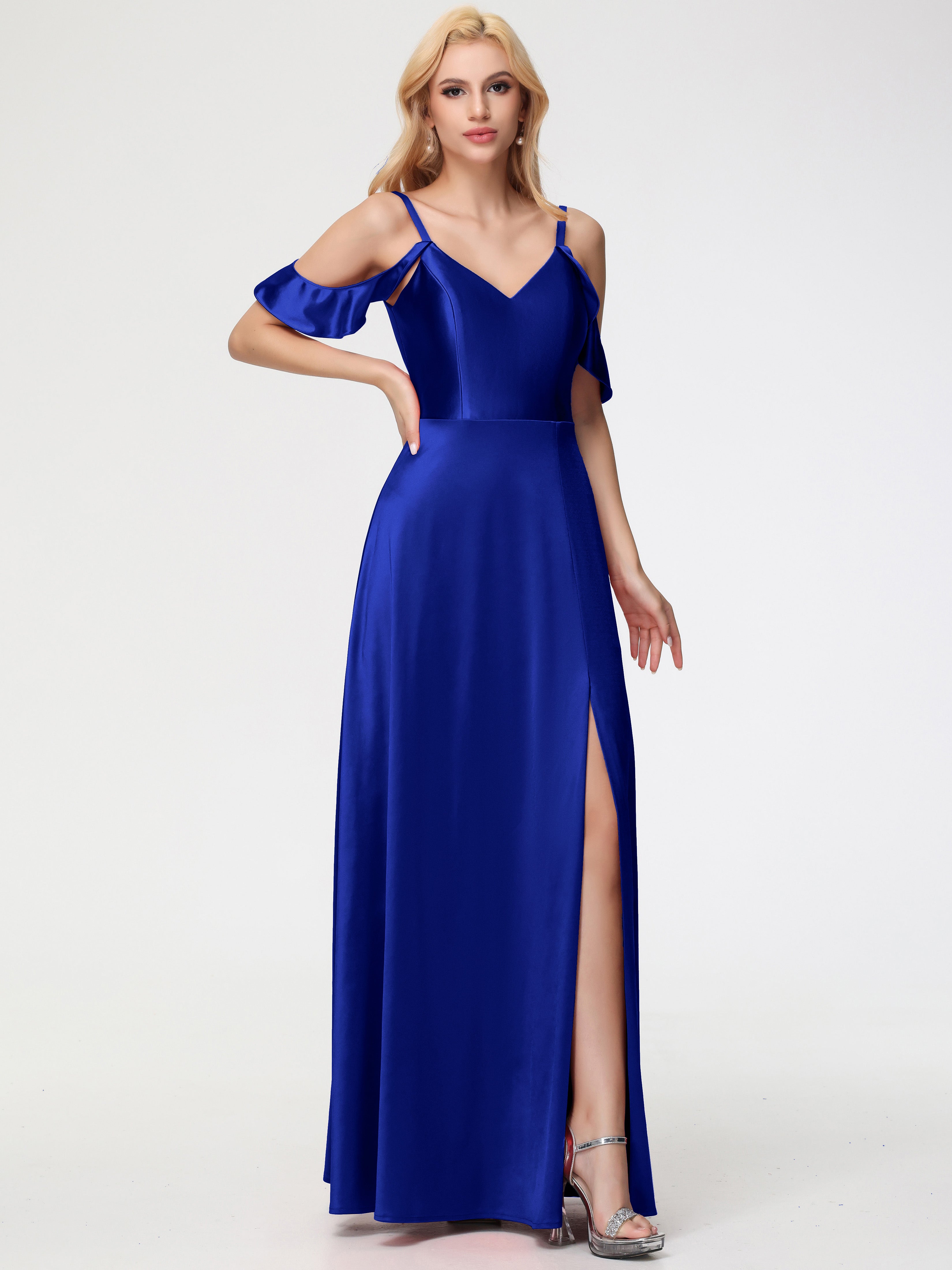 Robes De Demoiselle D'Honneur Bleu Royal Pas Cher épaule Dénudée à Volants Satin Extensible Robe De Demoiselle D'Honneur