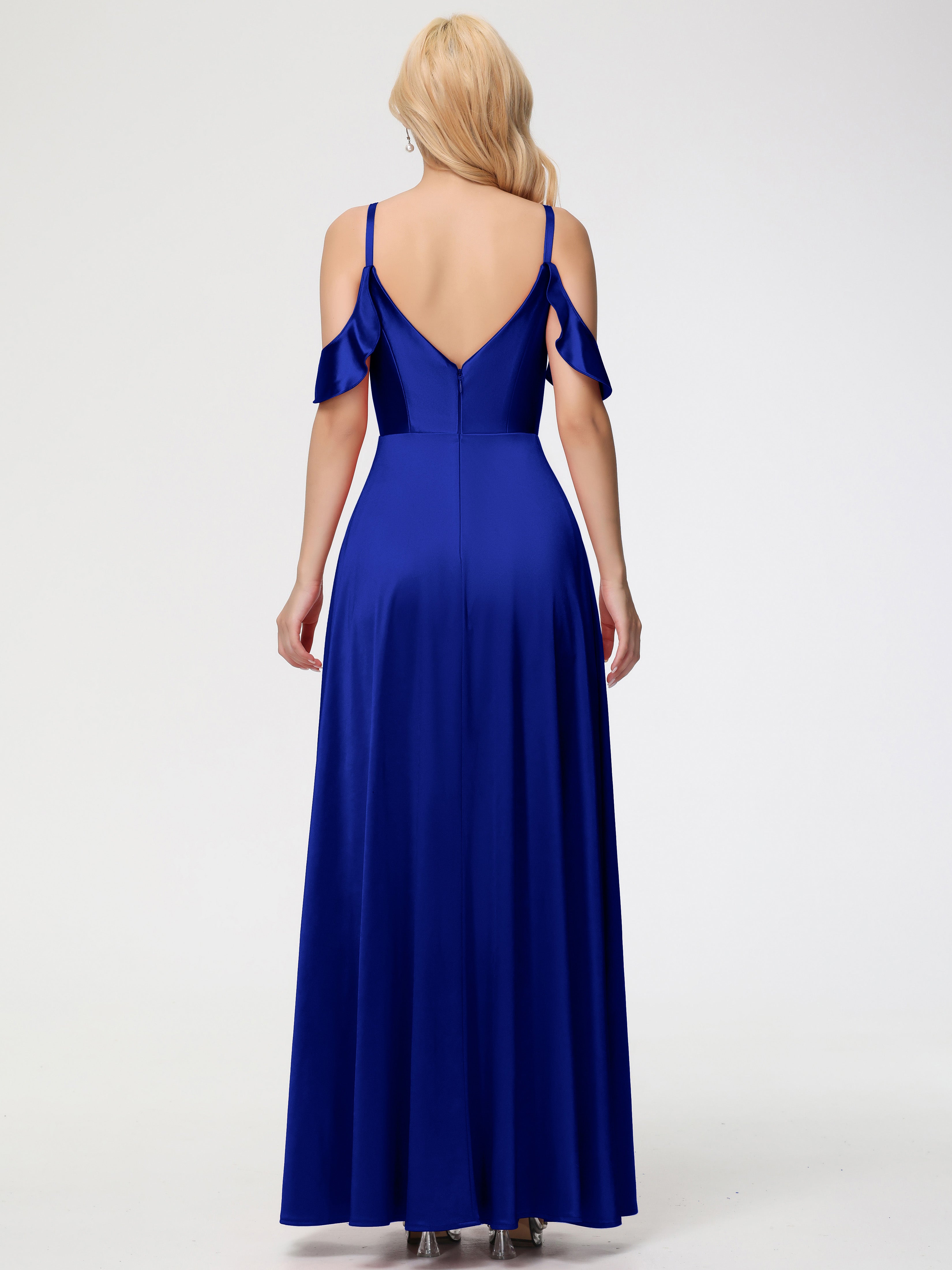 Robes De Demoiselle D'Honneur Bleu Royal Pas Cher épaule Dénudée à Volants Satin Extensible Robe De Demoiselle D'Honneur