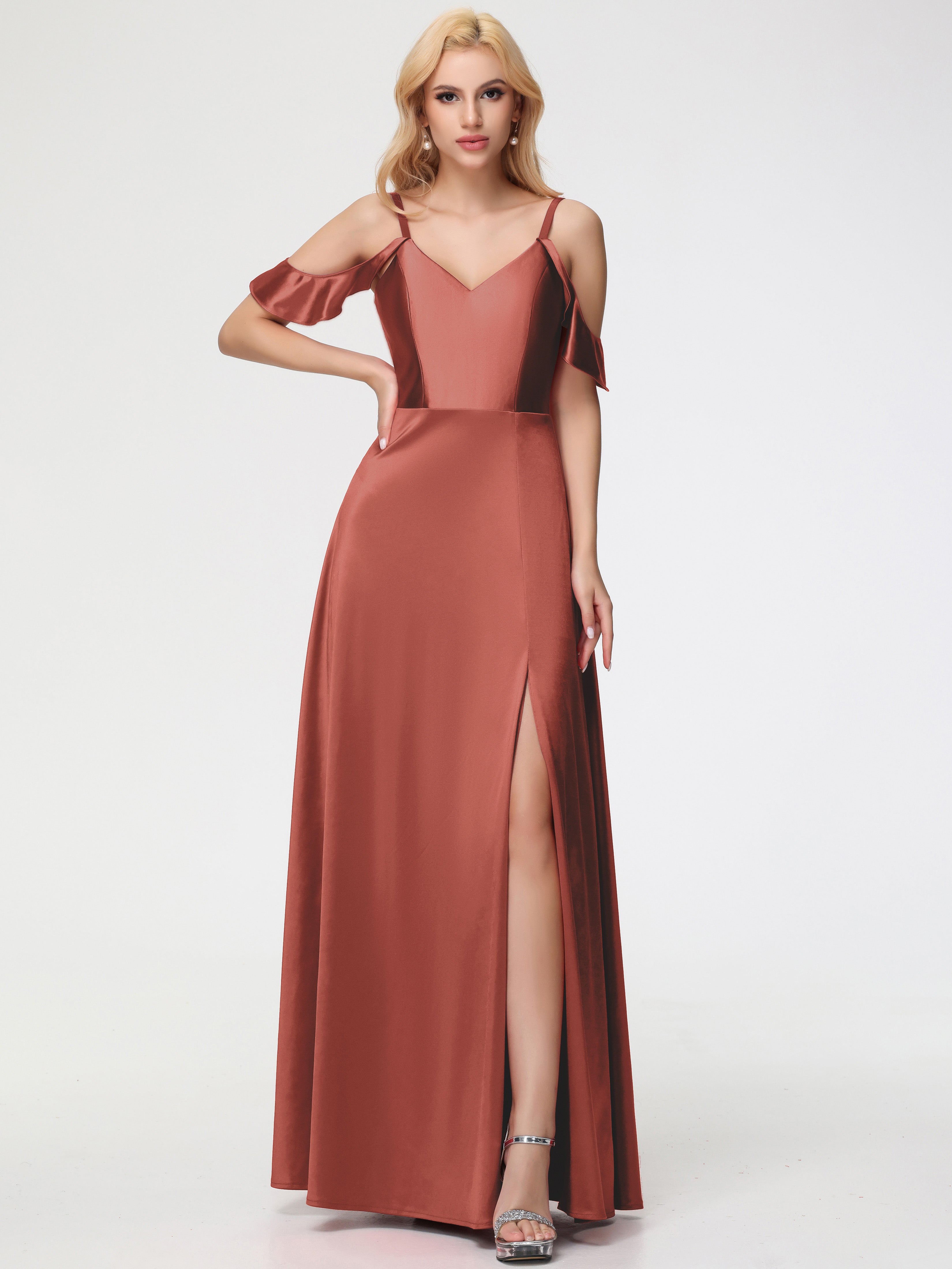 Robe De Demoiselle D'Honneur Rouille épaule Dénudée à Volants Satin Extensible Robe De Demoiselle D'Honneur