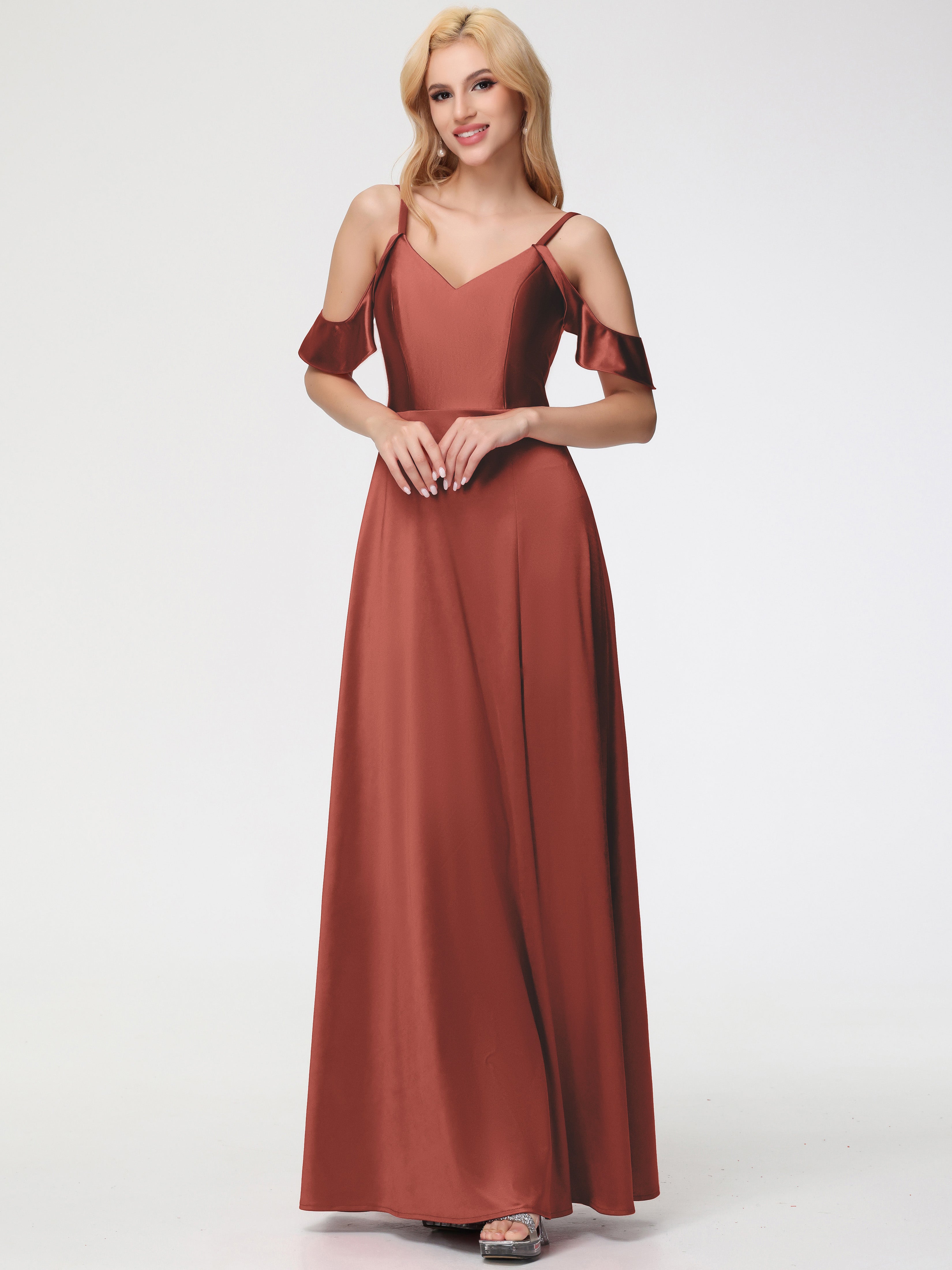 Robe De Demoiselle D'Honneur Rouille épaule Dénudée à Volants Satin Extensible Robe De Demoiselle D'Honneur