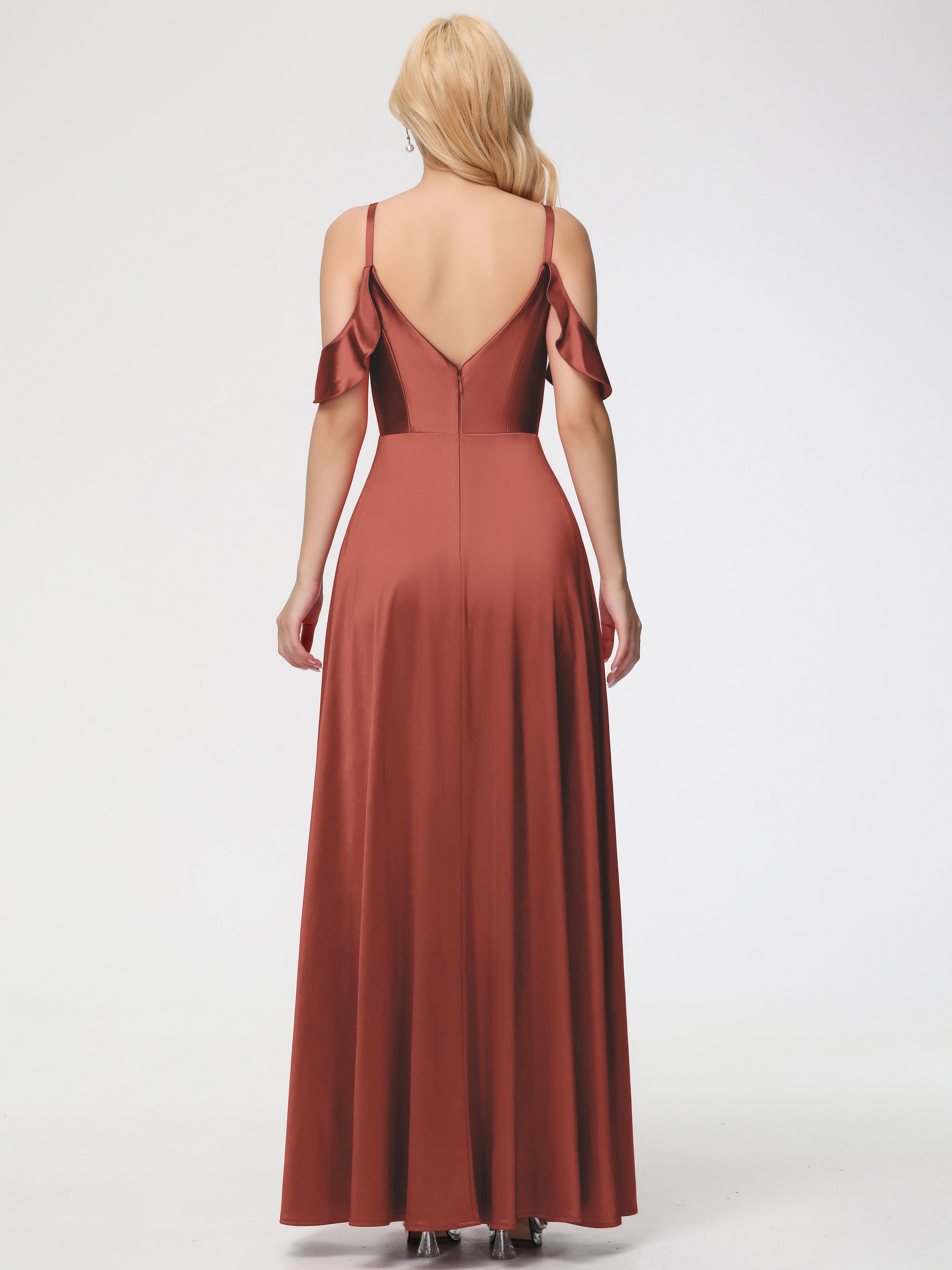 Robe De Demoiselle D'Honneur Rouille épaule Dénudée à Volants Satin Extensible Robe De Demoiselle D'Honneur