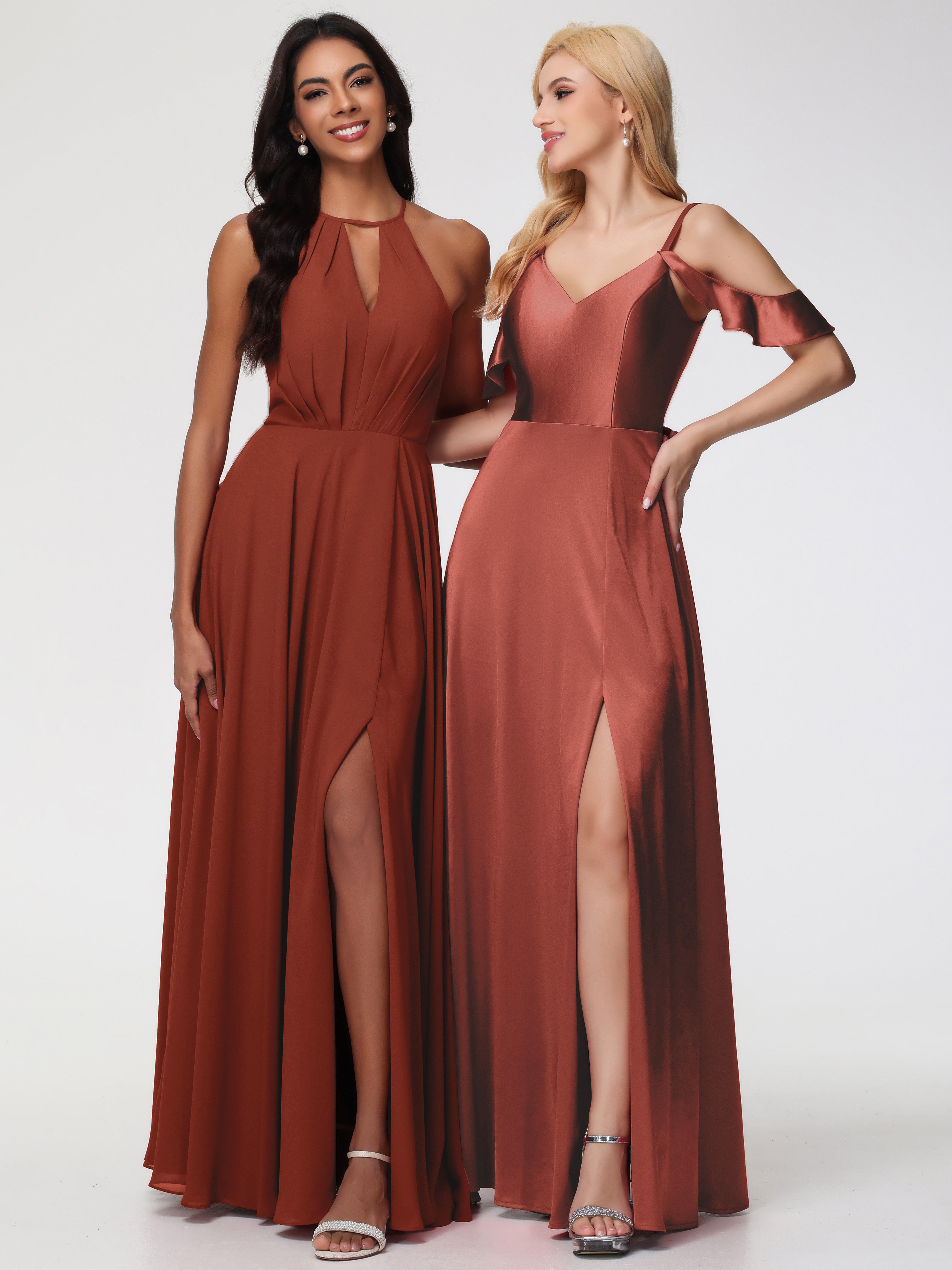 Robe De Demoiselle D'Honneur Rouille épaule Dénudée à Volants Satin Extensible Robe De Demoiselle D'Honneur