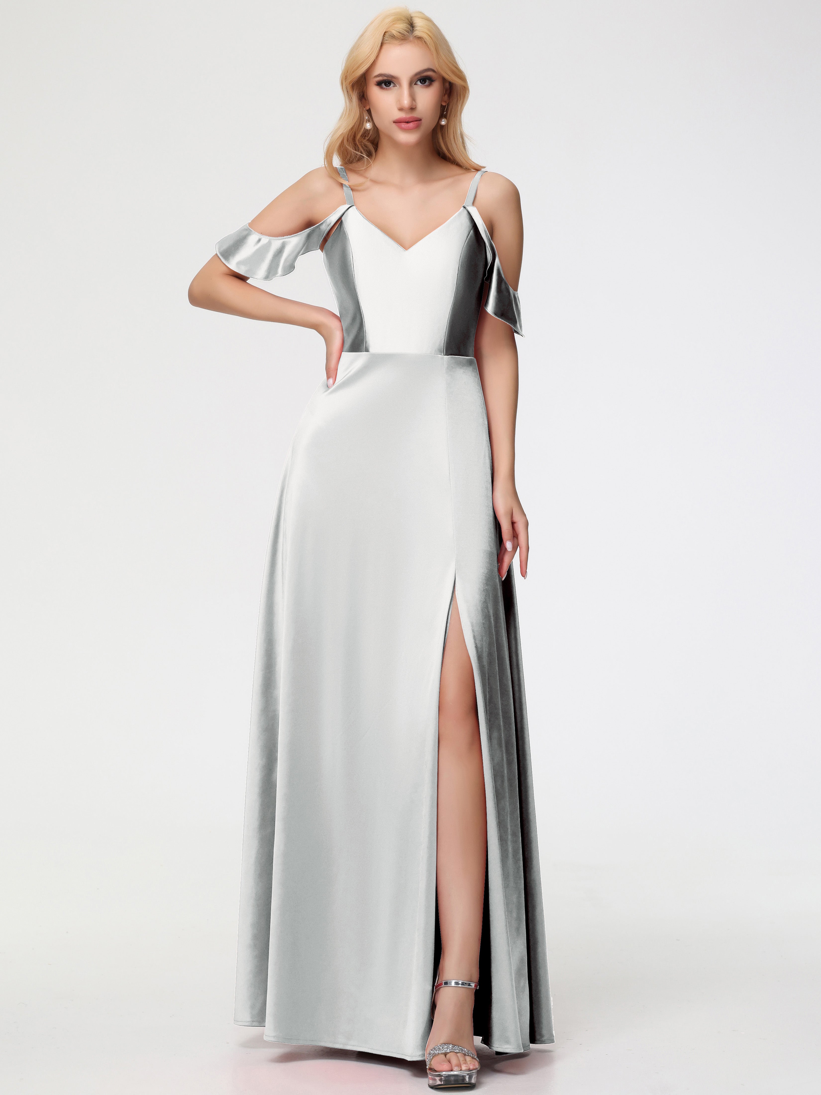 Robes De Demoiselle D'Honneur En Argent épaule Dénudée à Volants Satin Extensible Robe De Demoiselle D'Honneur