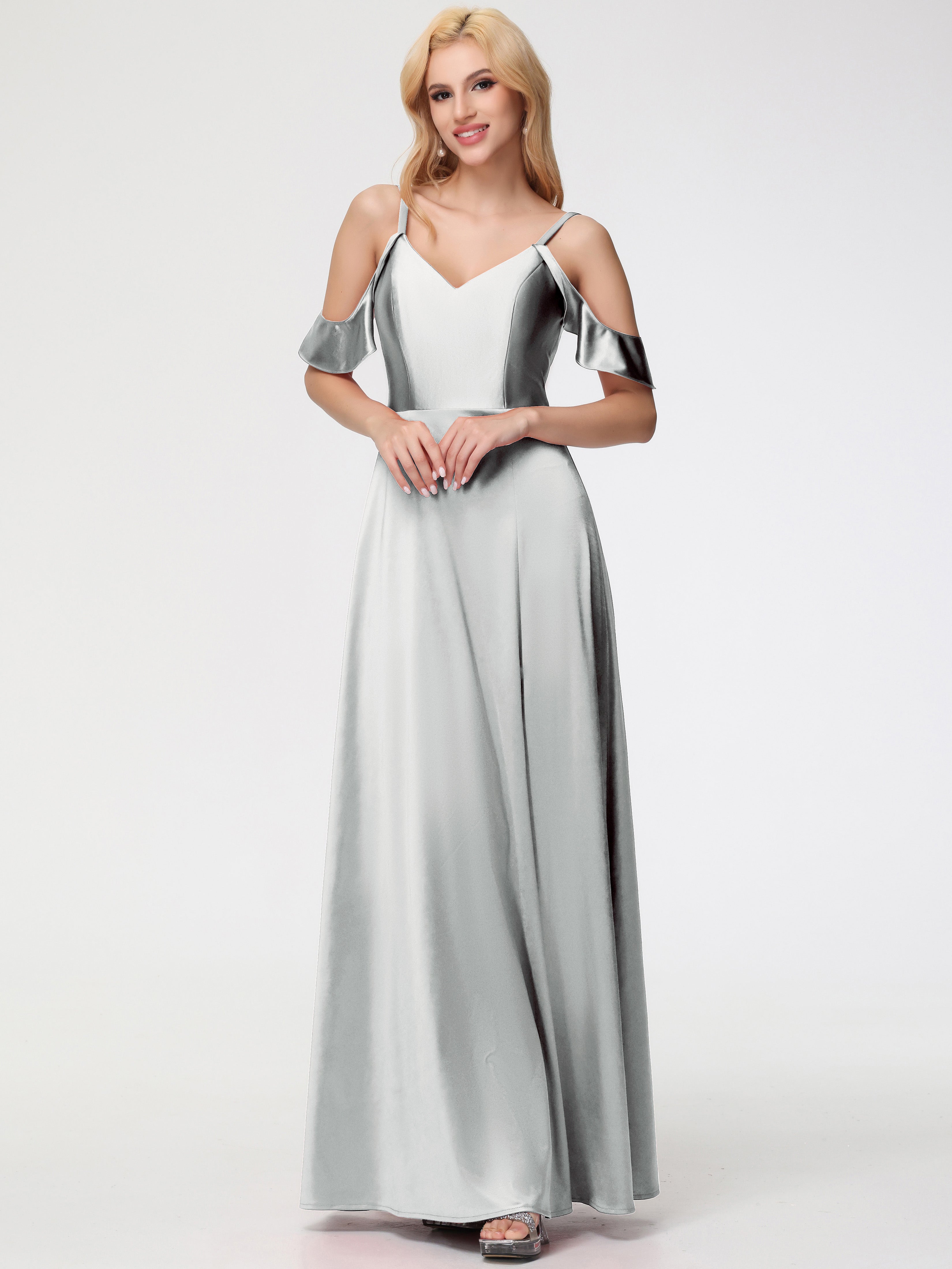 Robes De Demoiselle D'Honneur En Argent épaule Dénudée à Volants Satin Extensible Robe De Demoiselle D'Honneur