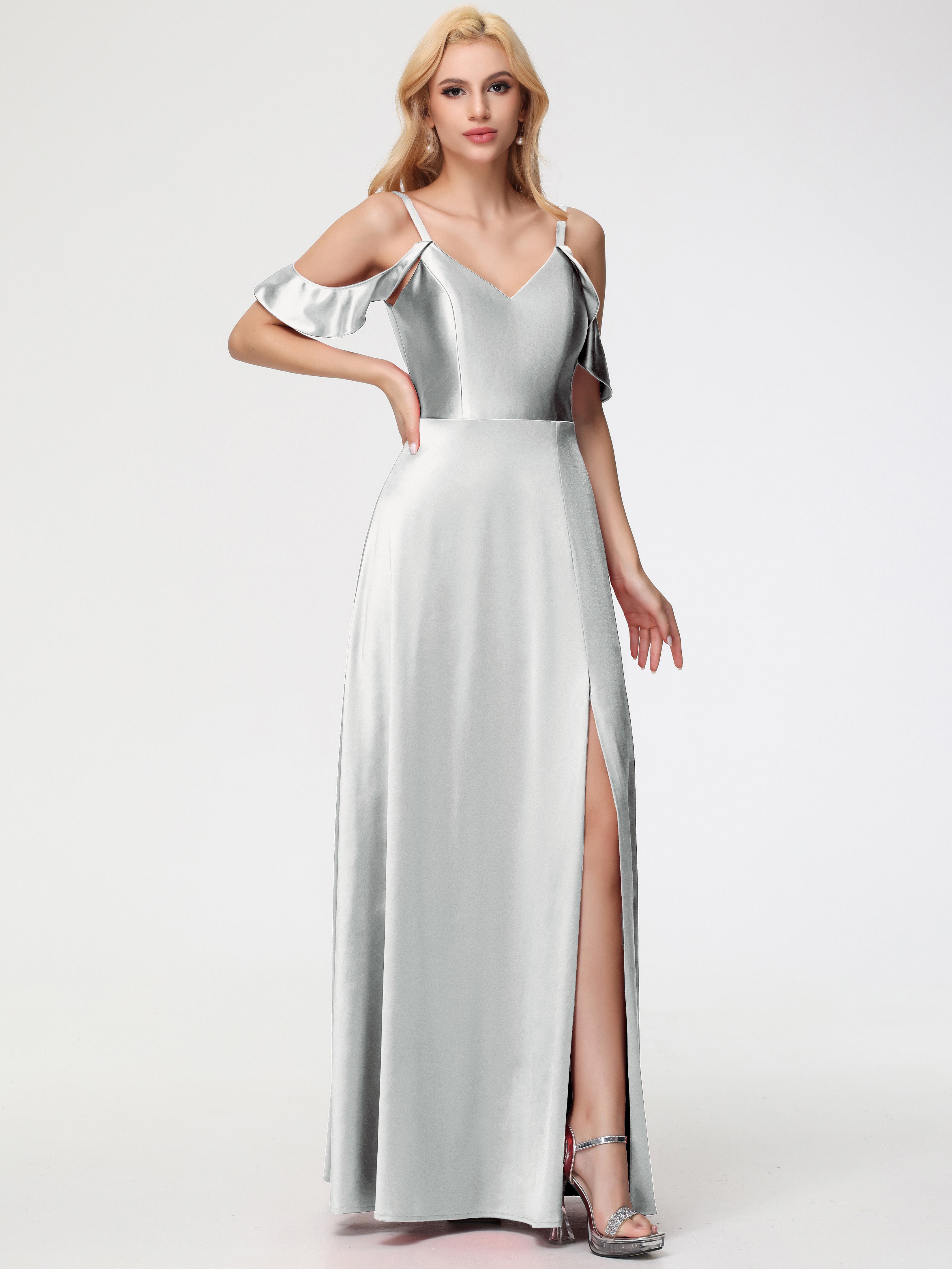 Robes De Demoiselle D'Honneur En Argent épaule Dénudée à Volants Satin Extensible Robe De Demoiselle D'Honneur