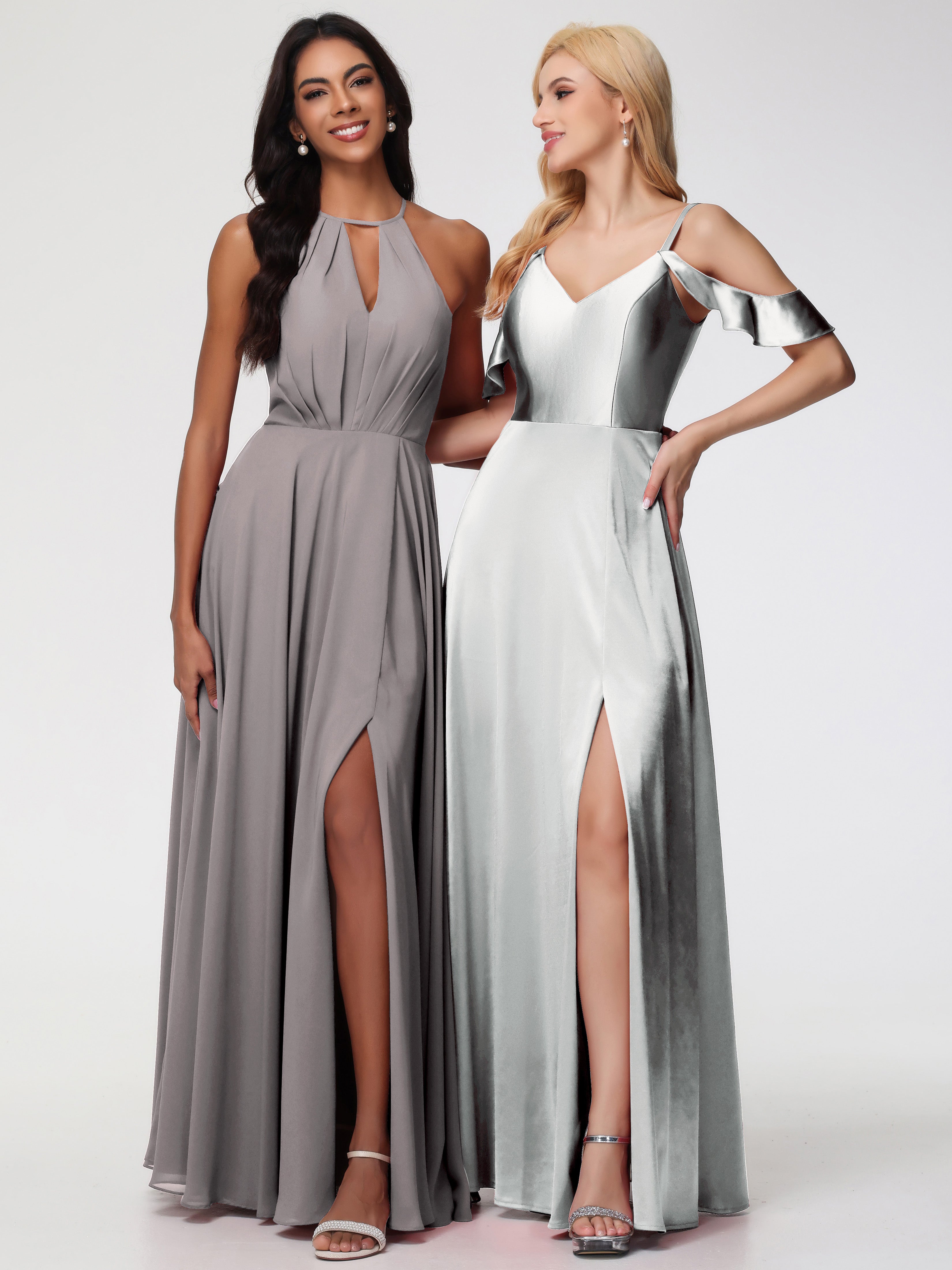 Robes De Demoiselle D'Honneur En Argent épaule Dénudée à Volants Satin Extensible Robe De Demoiselle D'Honneur