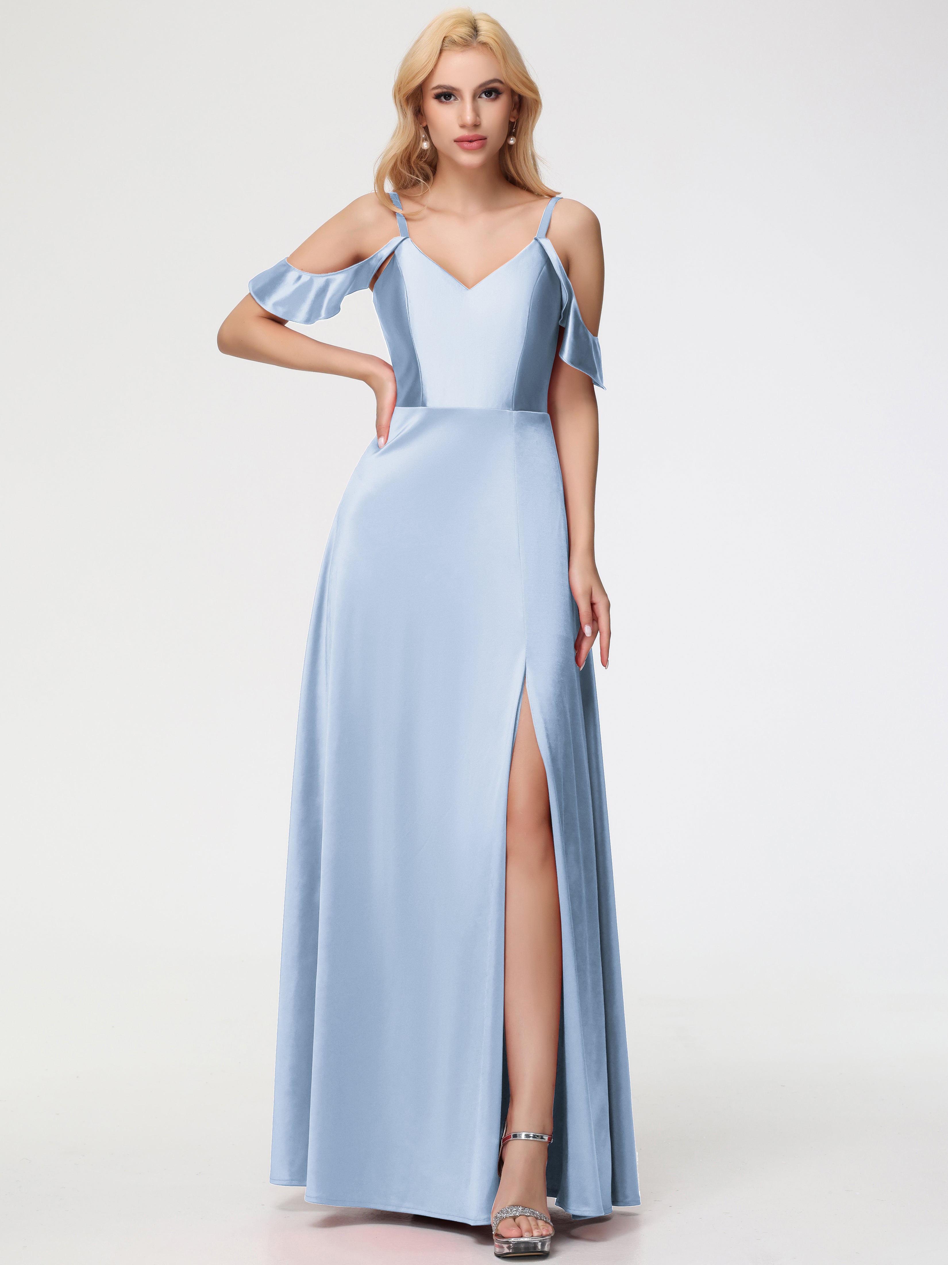Robes De Demoiselle D'Honneur Bleu Ciel épaule Dénudée à Volants Satin Extensible Robe De Demoiselle D'Honneur