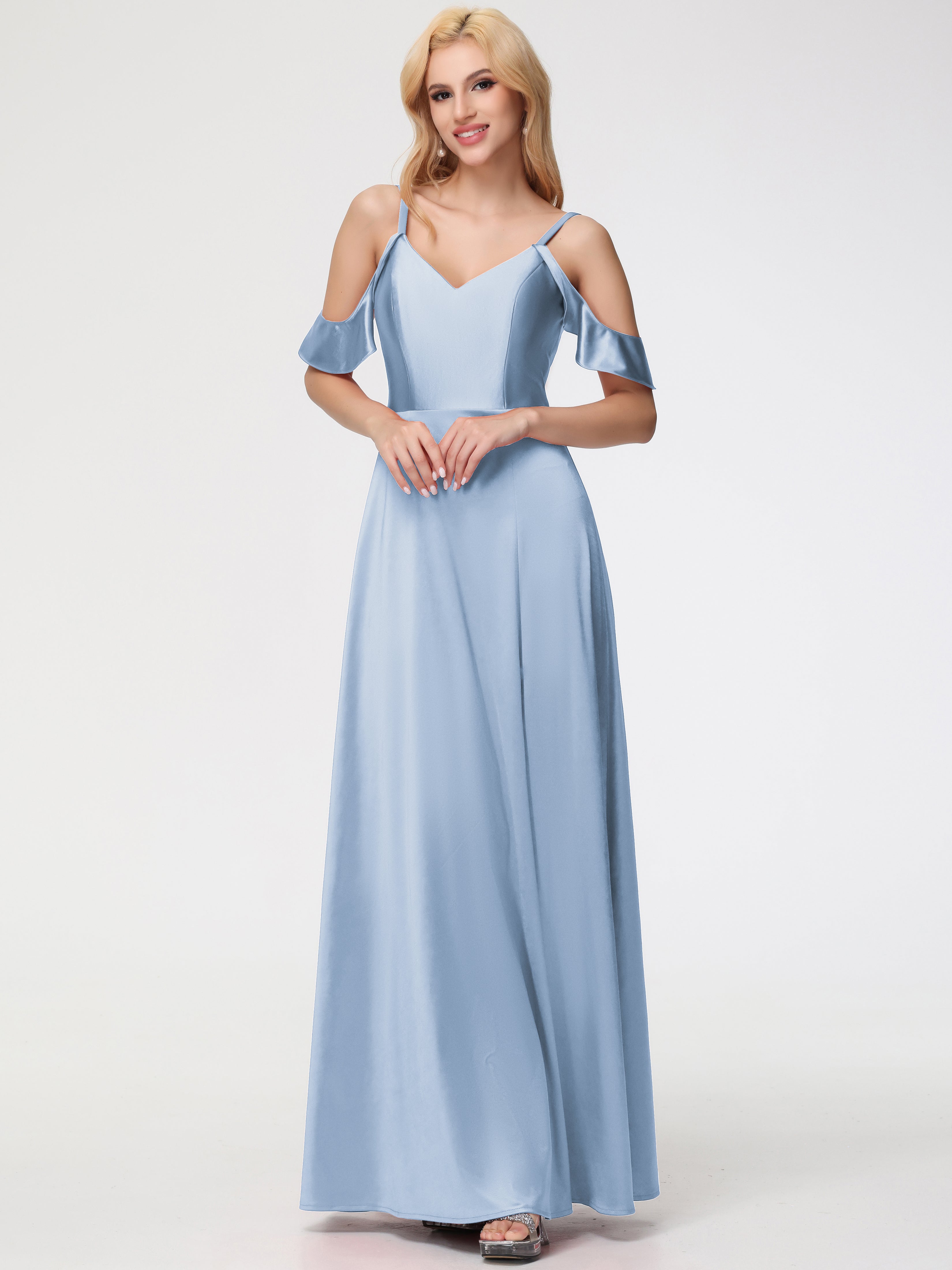 Robes De Demoiselle D'Honneur Bleu Ciel épaule Dénudée à Volants Satin Extensible Robe De Demoiselle D'Honneur