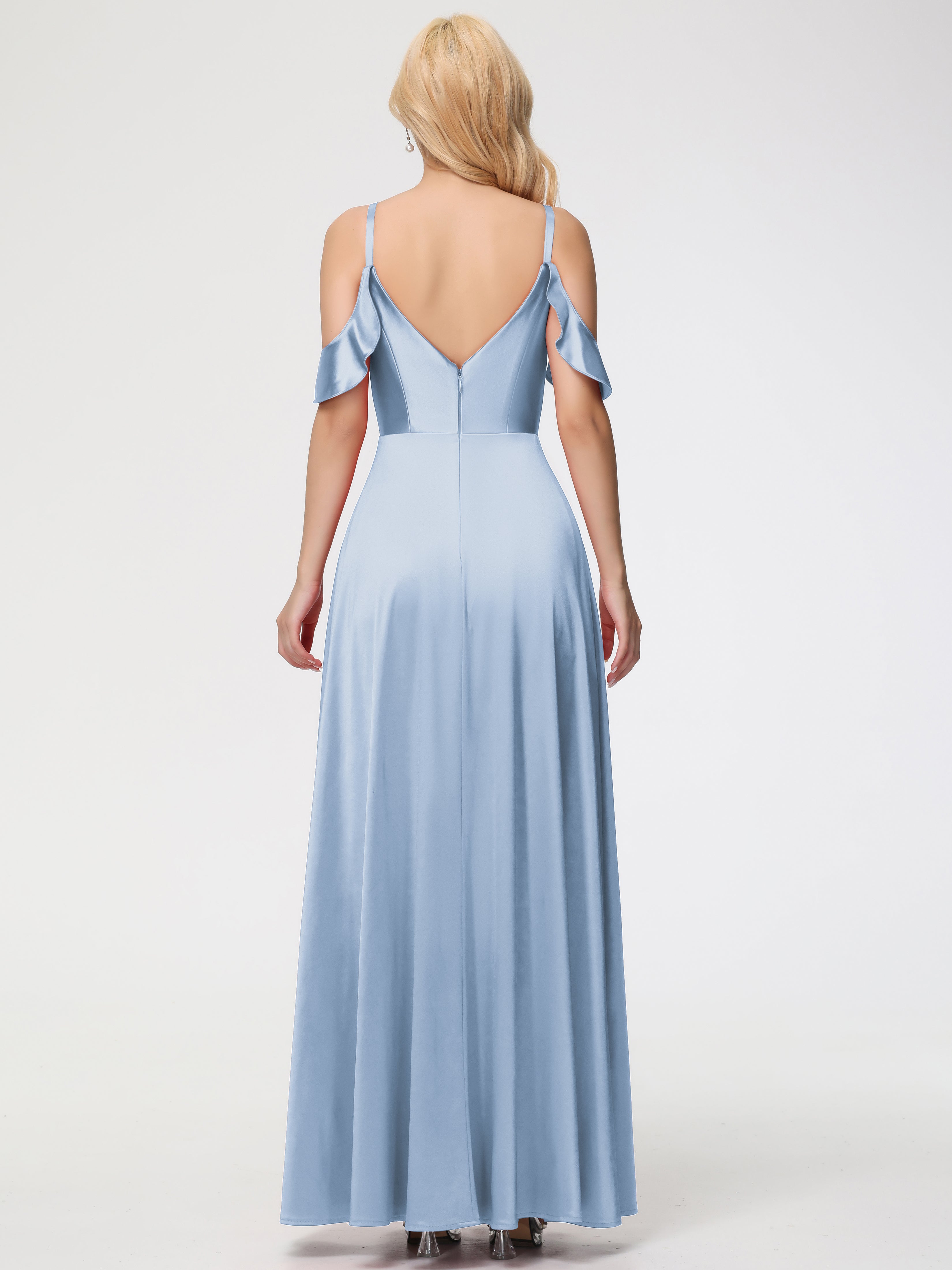 Robes De Demoiselle D'Honneur Bleu Ciel épaule Dénudée à Volants Satin Extensible Robe De Demoiselle D'Honneur