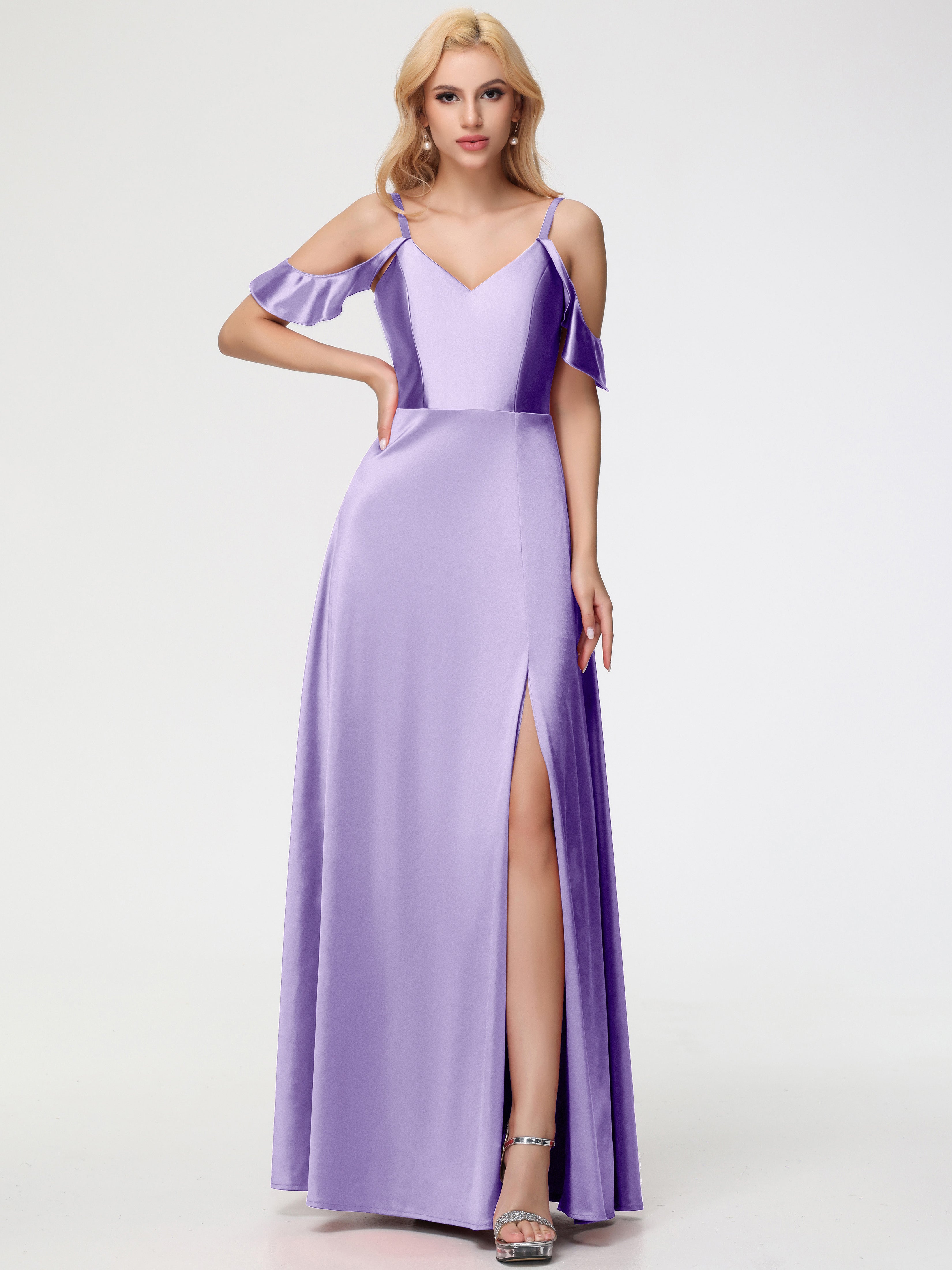 Robes De Demoiselle D'Honneur Tahiti épaule Dénudée à Volants Satin Extensible Robe De Demoiselle D'Honneur