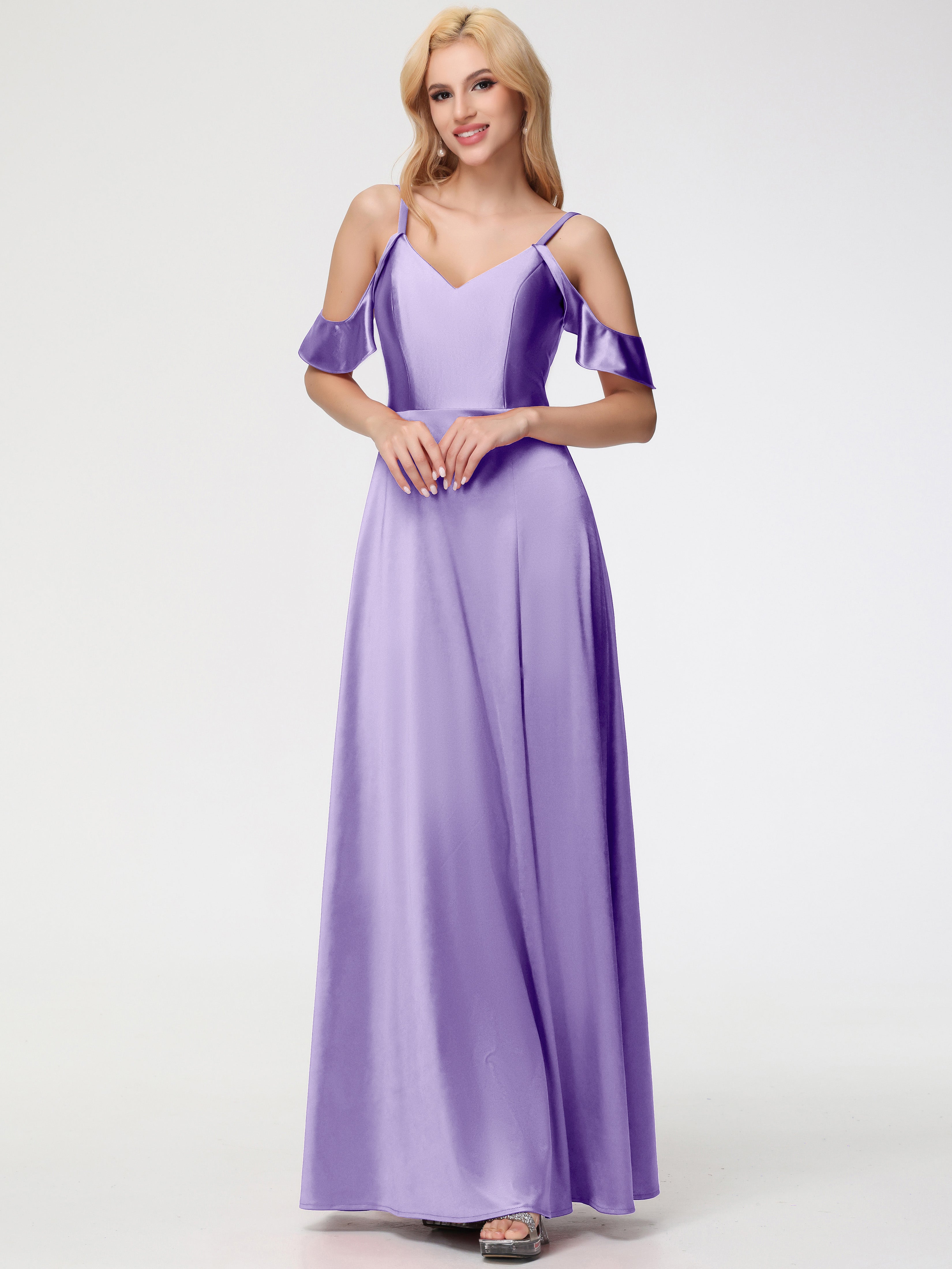 Robes De Demoiselle D'Honneur Tahiti épaule Dénudée à Volants Satin Extensible Robe De Demoiselle D'Honneur