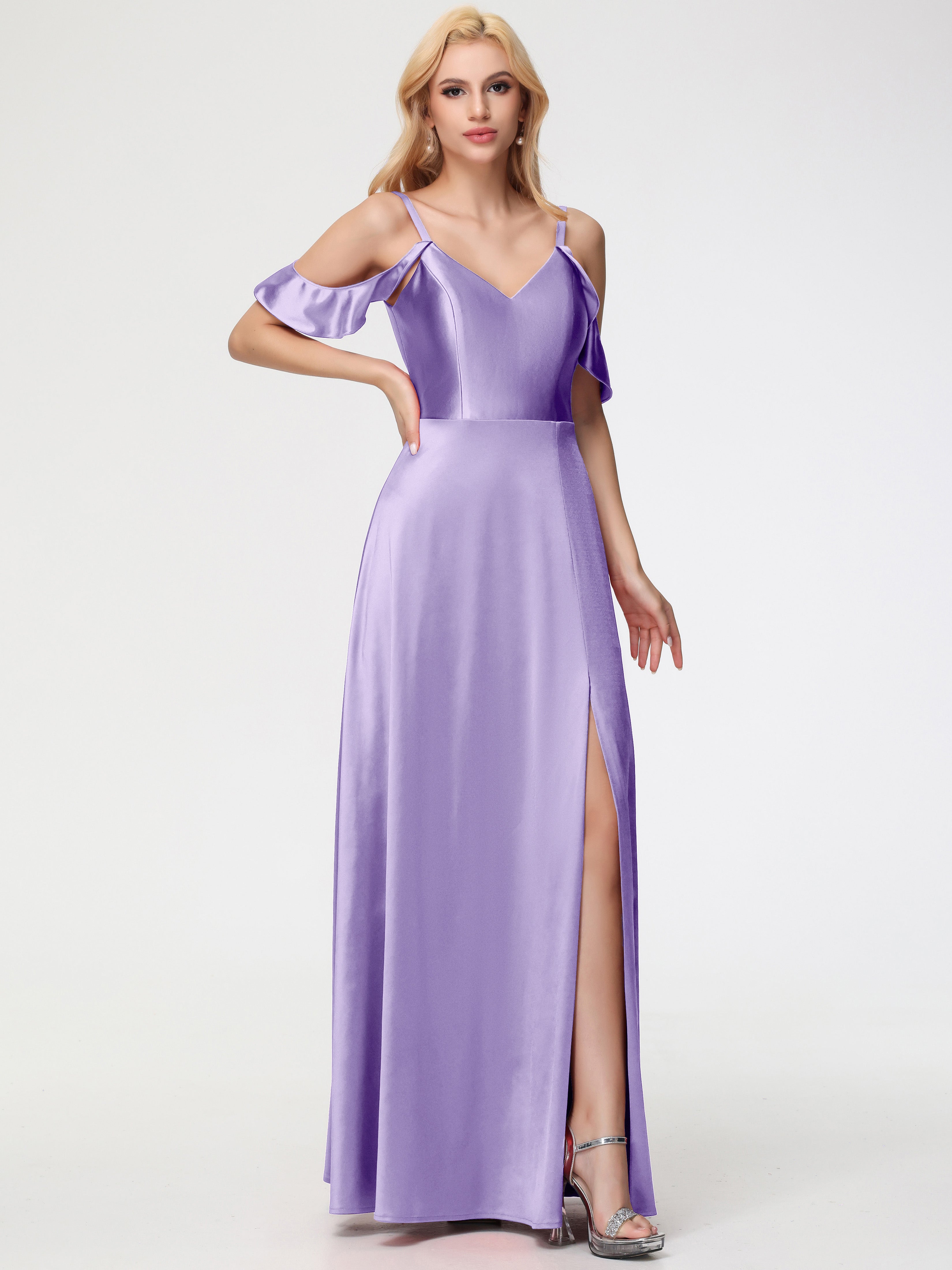 Robes De Demoiselle D'Honneur Tahiti épaule Dénudée à Volants Satin Extensible Robe De Demoiselle D'Honneur