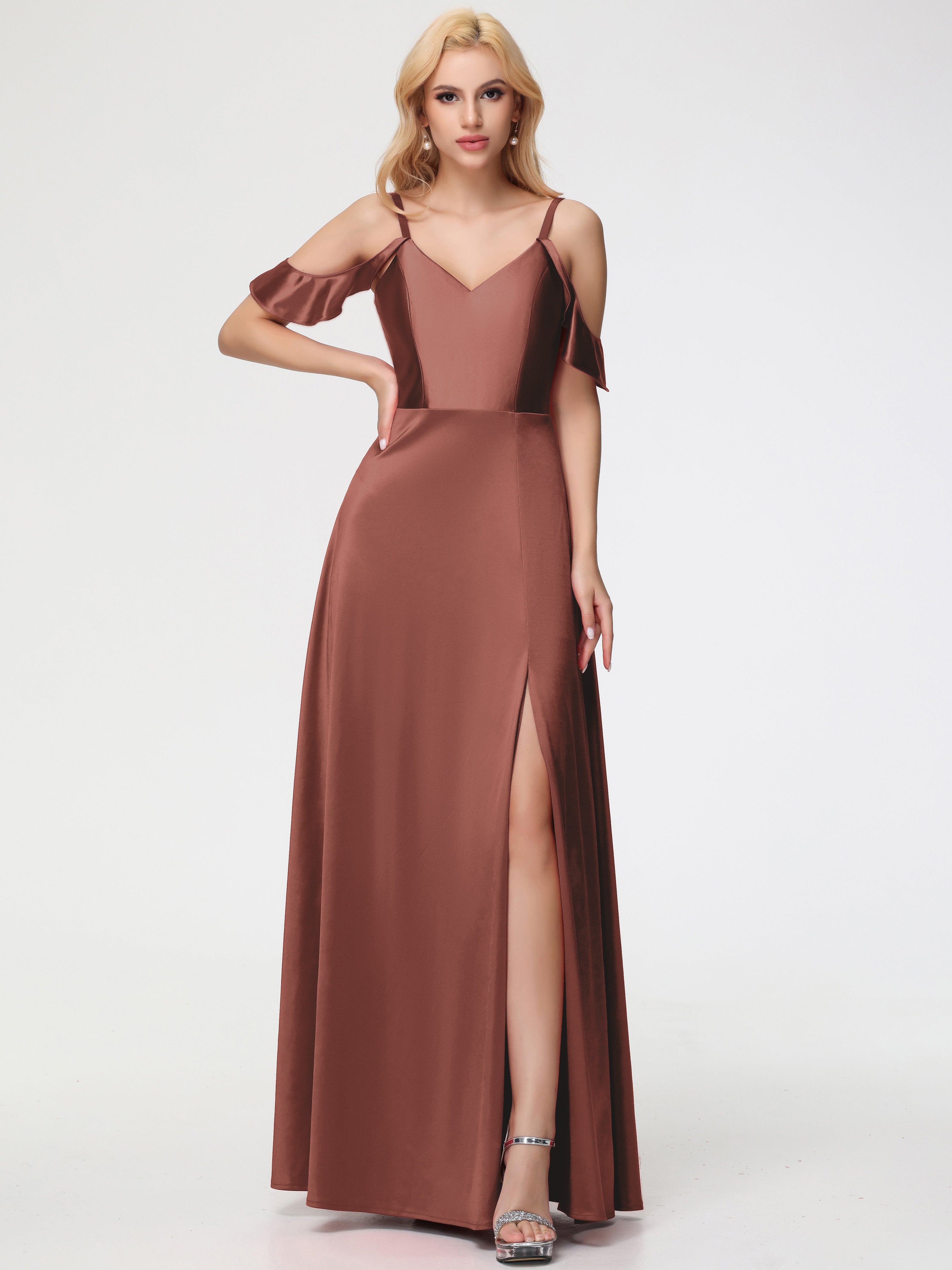 Robes De Demoiselle D'Honneur En Terre Cuite épaule Dénudée à Volants Satin Extensible Robe De Demoiselle D'Honneur