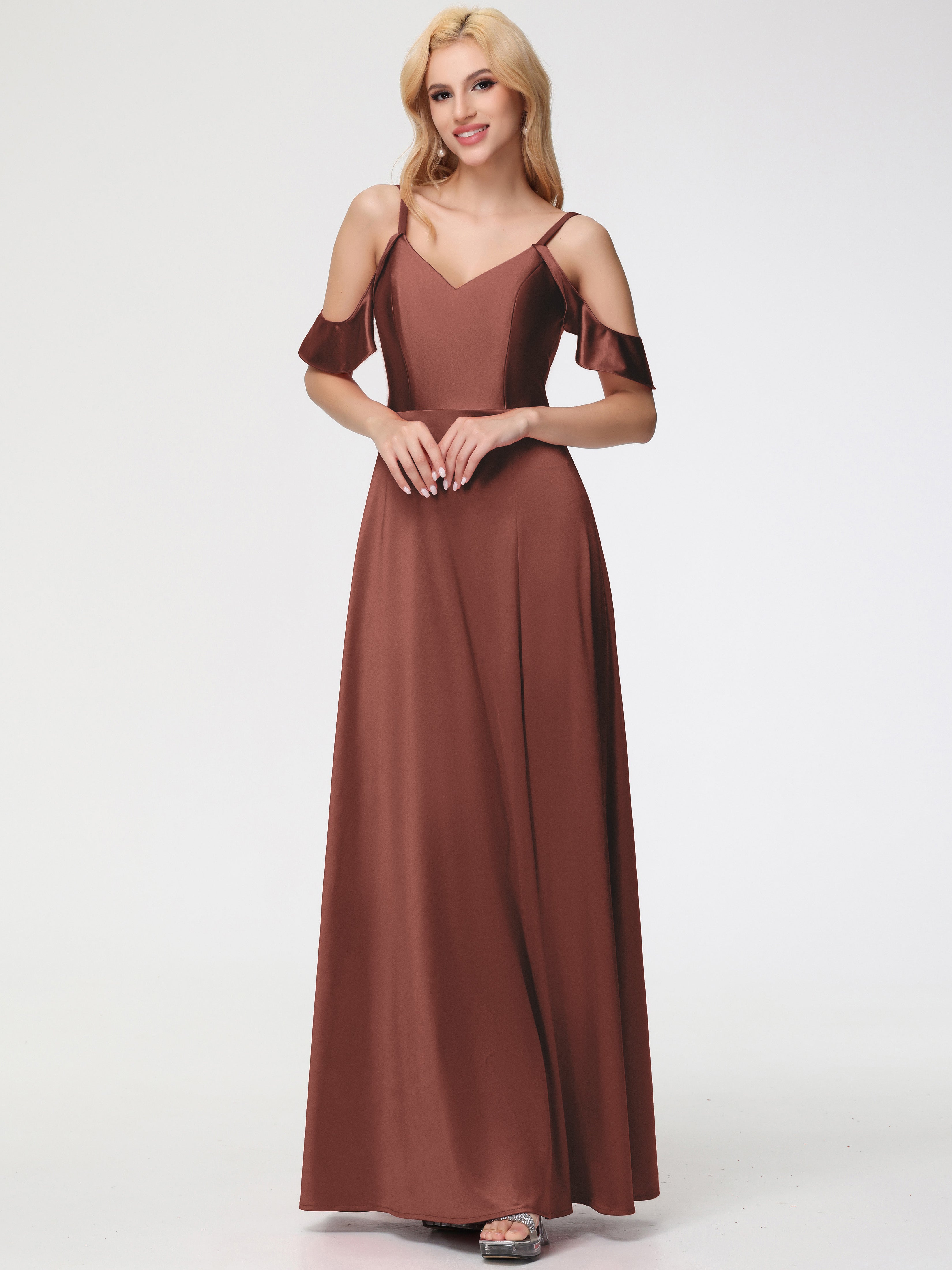 Robes De Demoiselle D'Honneur En Terre Cuite épaule Dénudée à Volants Satin Extensible Robe De Demoiselle D'Honneur