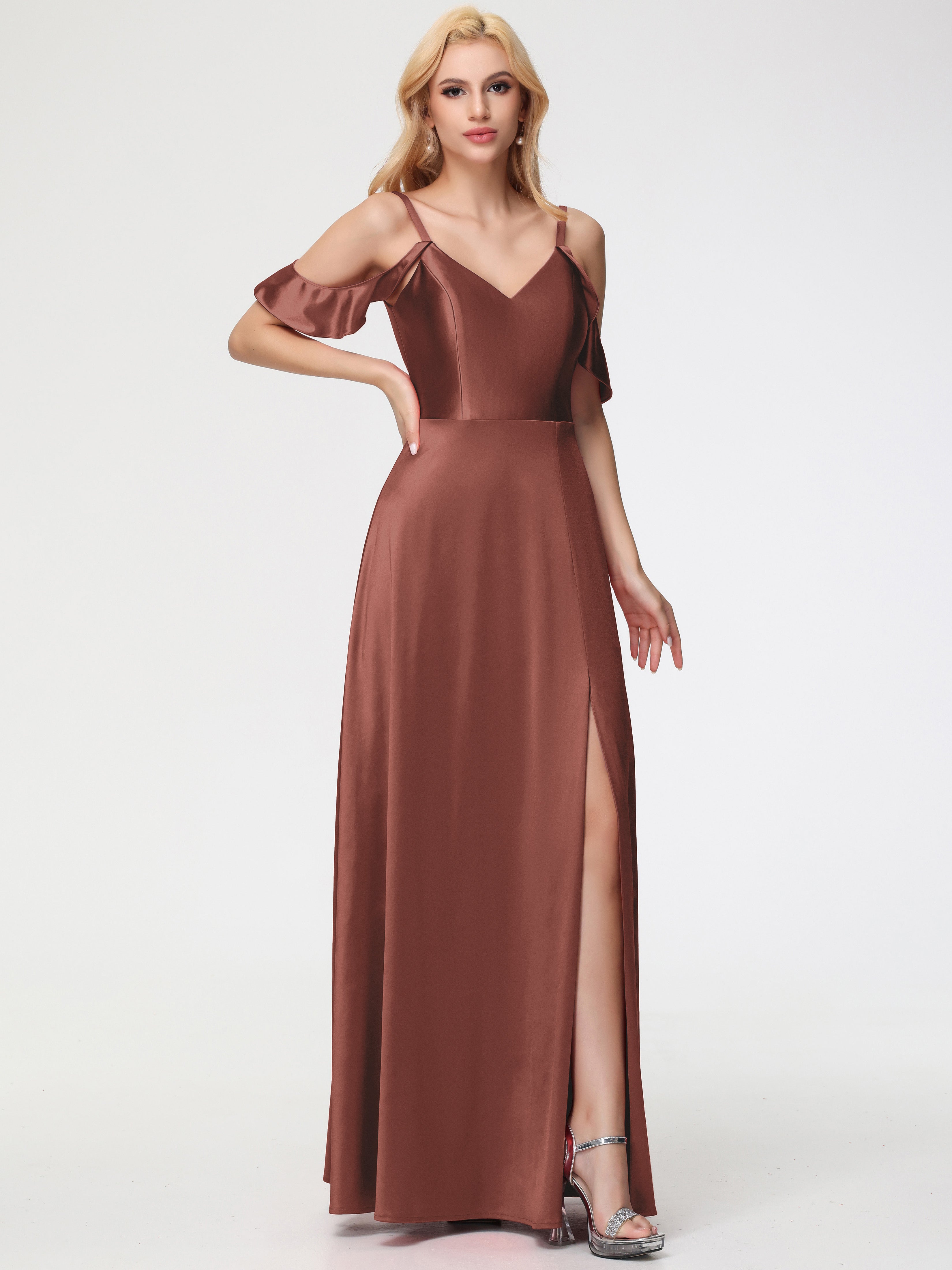 Robes De Demoiselle D'Honneur En Terre Cuite épaule Dénudée à Volants Satin Extensible Robe De Demoiselle D'Honneur