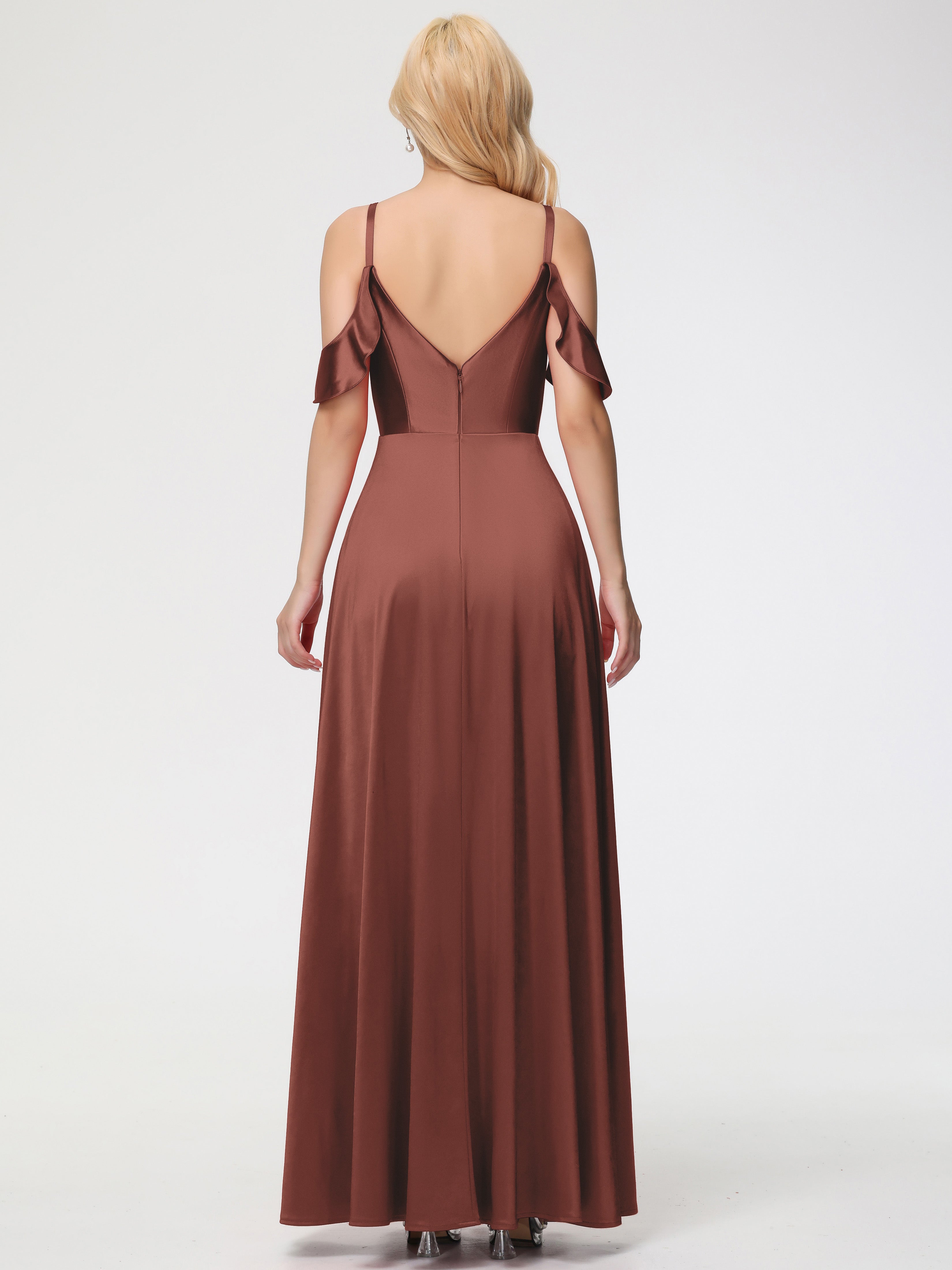 Robes De Demoiselle D'Honneur En Terre Cuite épaule Dénudée à Volants Satin Extensible Robe De Demoiselle D'Honneur