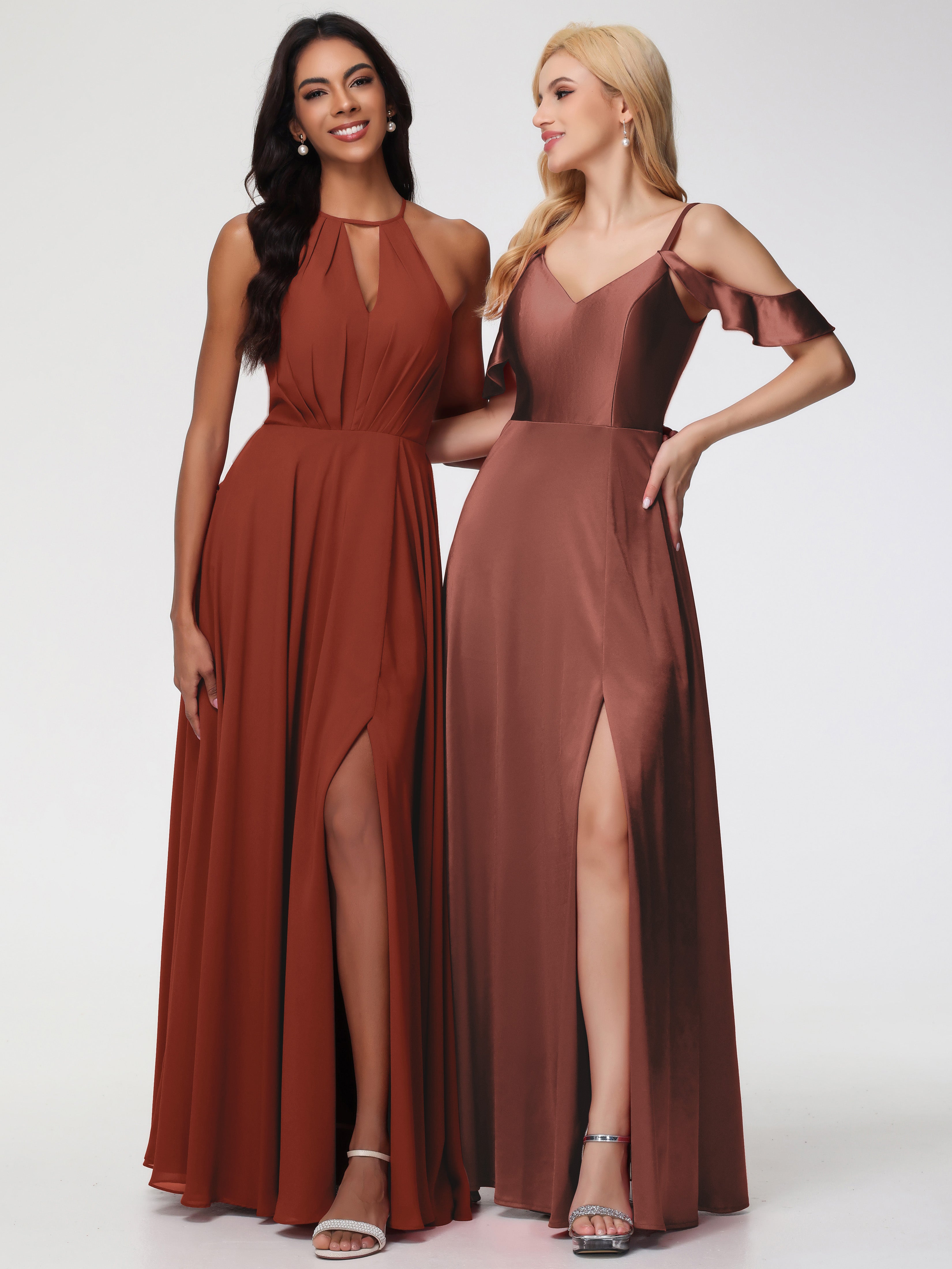 Robes De Demoiselle D'Honneur En Terre Cuite épaule Dénudée à Volants Satin Extensible Robe De Demoiselle D'Honneur