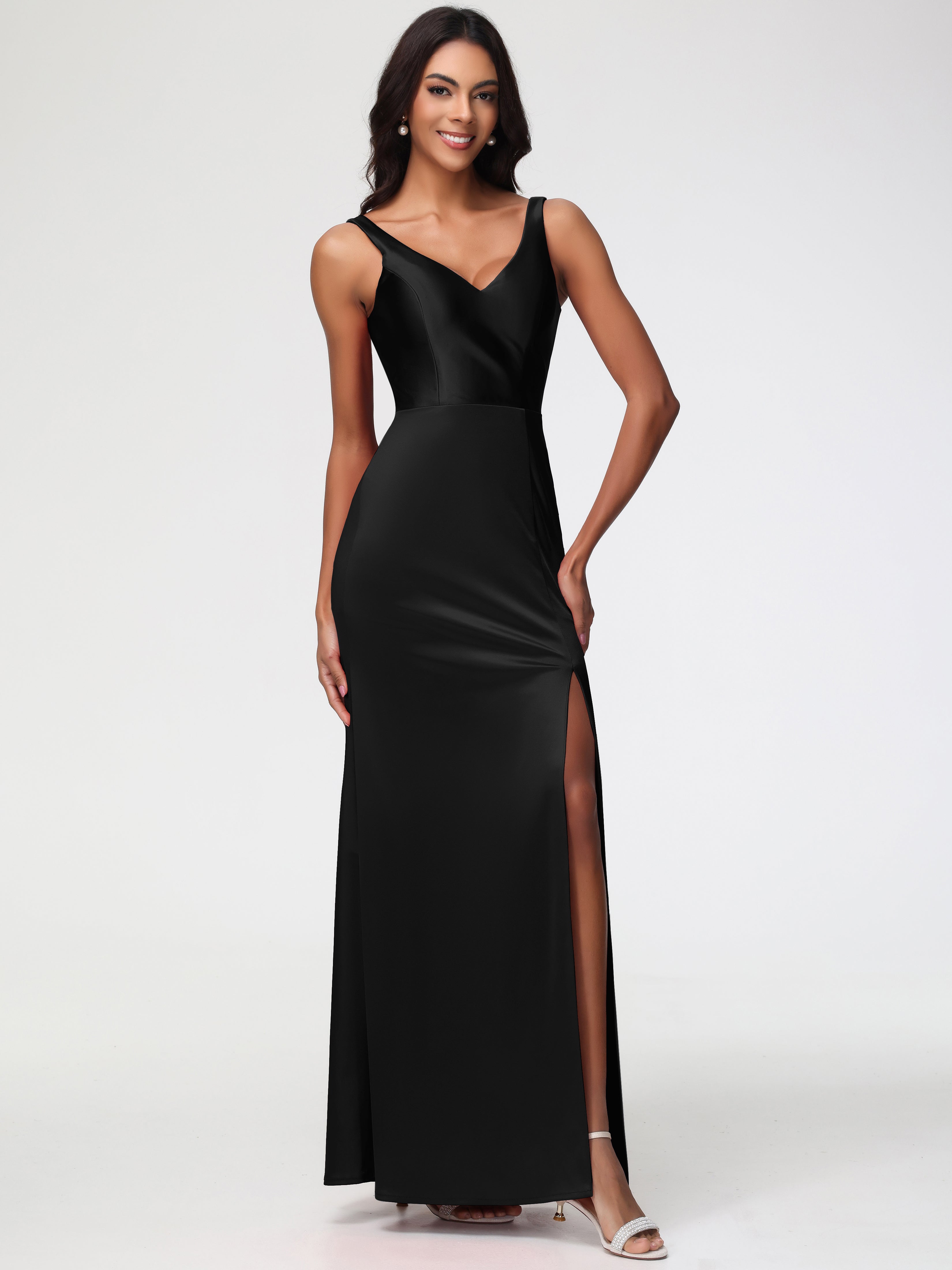 Robe Noire Demoiselle D Honneur Col V Fourreau/Colonne Satin Extensible Fendue Robe De Demoiselle D'Honneur