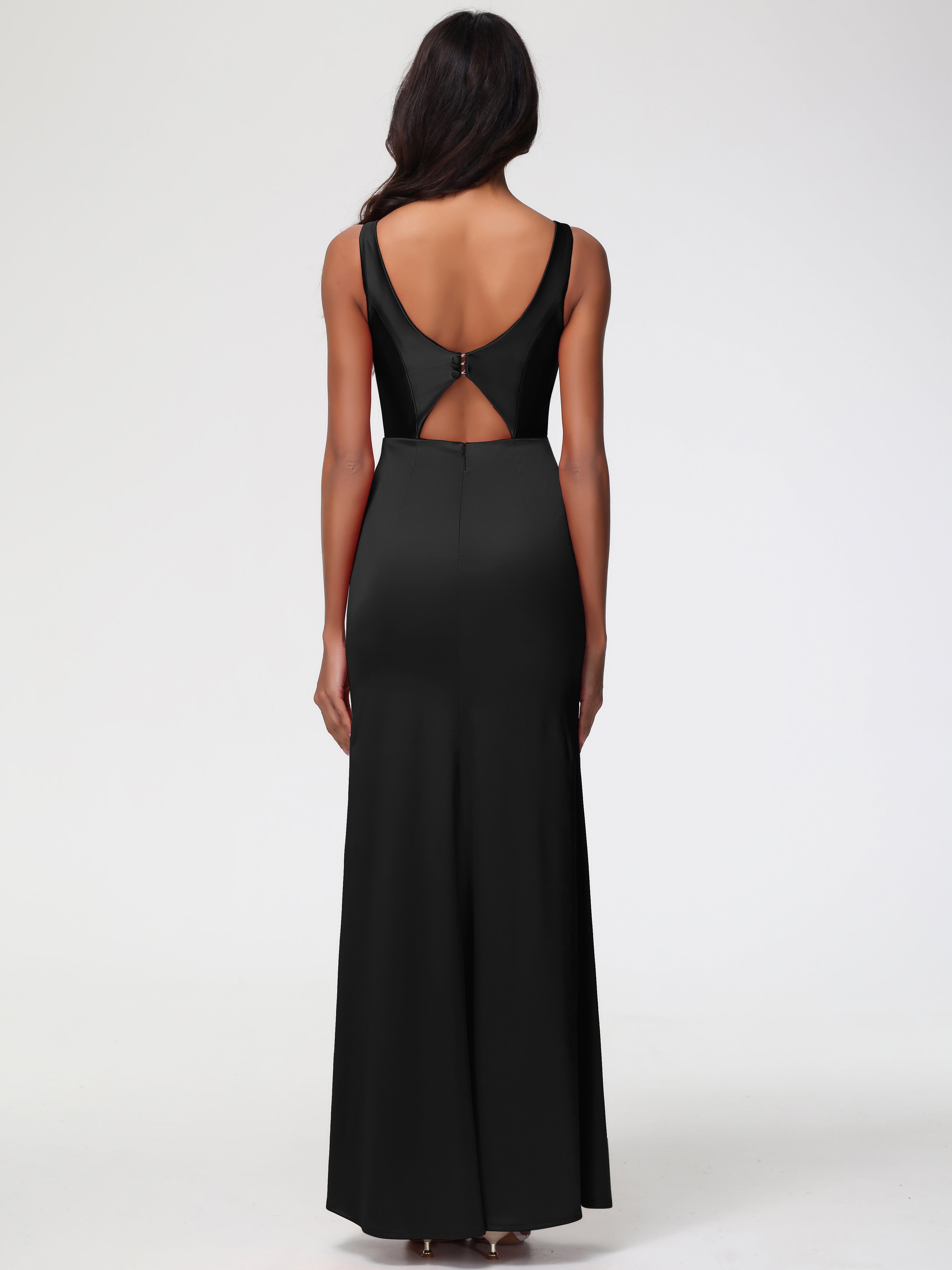 Robe Noire Demoiselle D Honneur Col V Fourreau/Colonne Satin Extensible Fendue Robe De Demoiselle D'Honneur