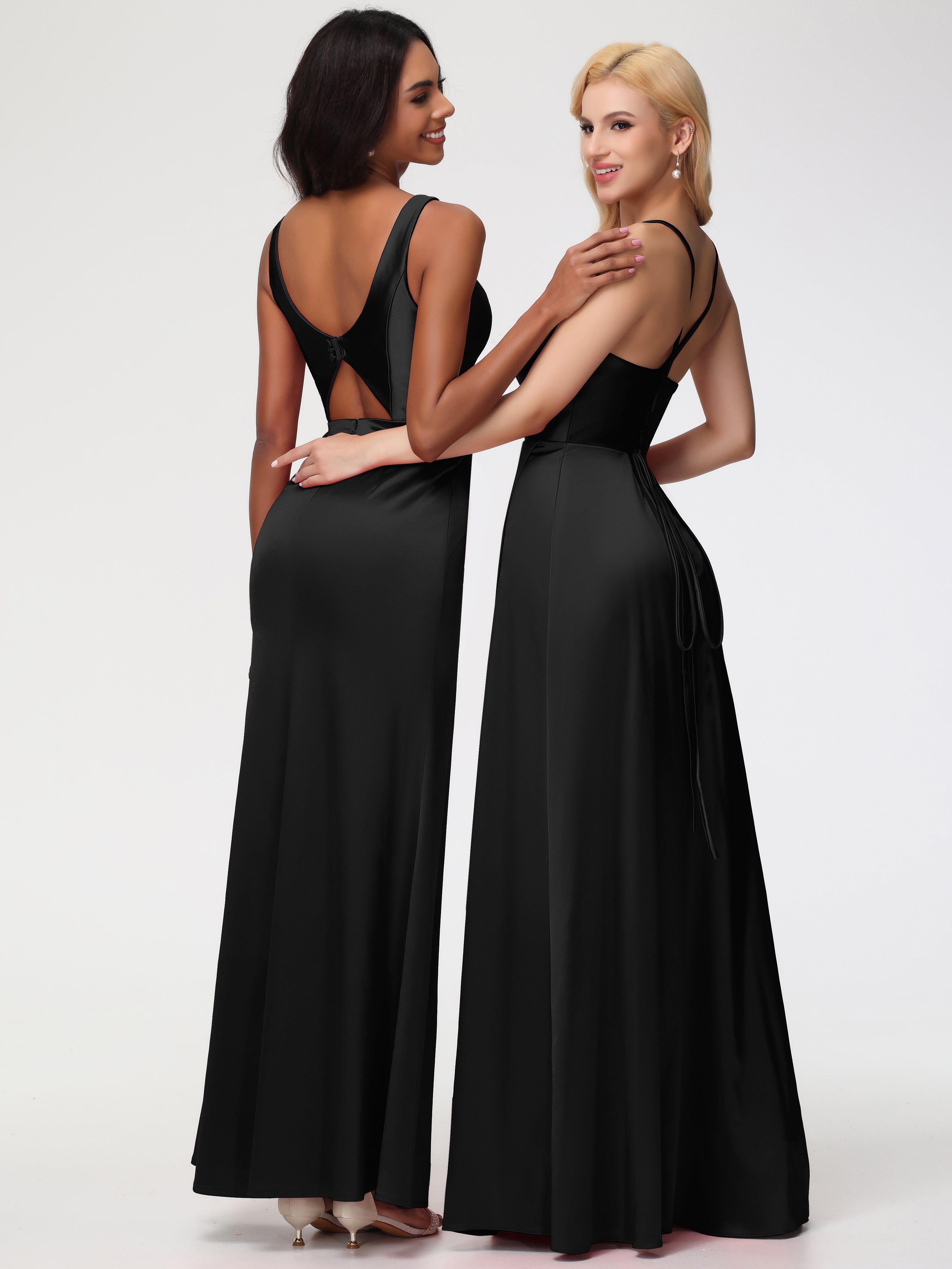 Robe Noire Demoiselle D Honneur Col V Fourreau/Colonne Satin Extensible Fendue Robe De Demoiselle D'Honneur