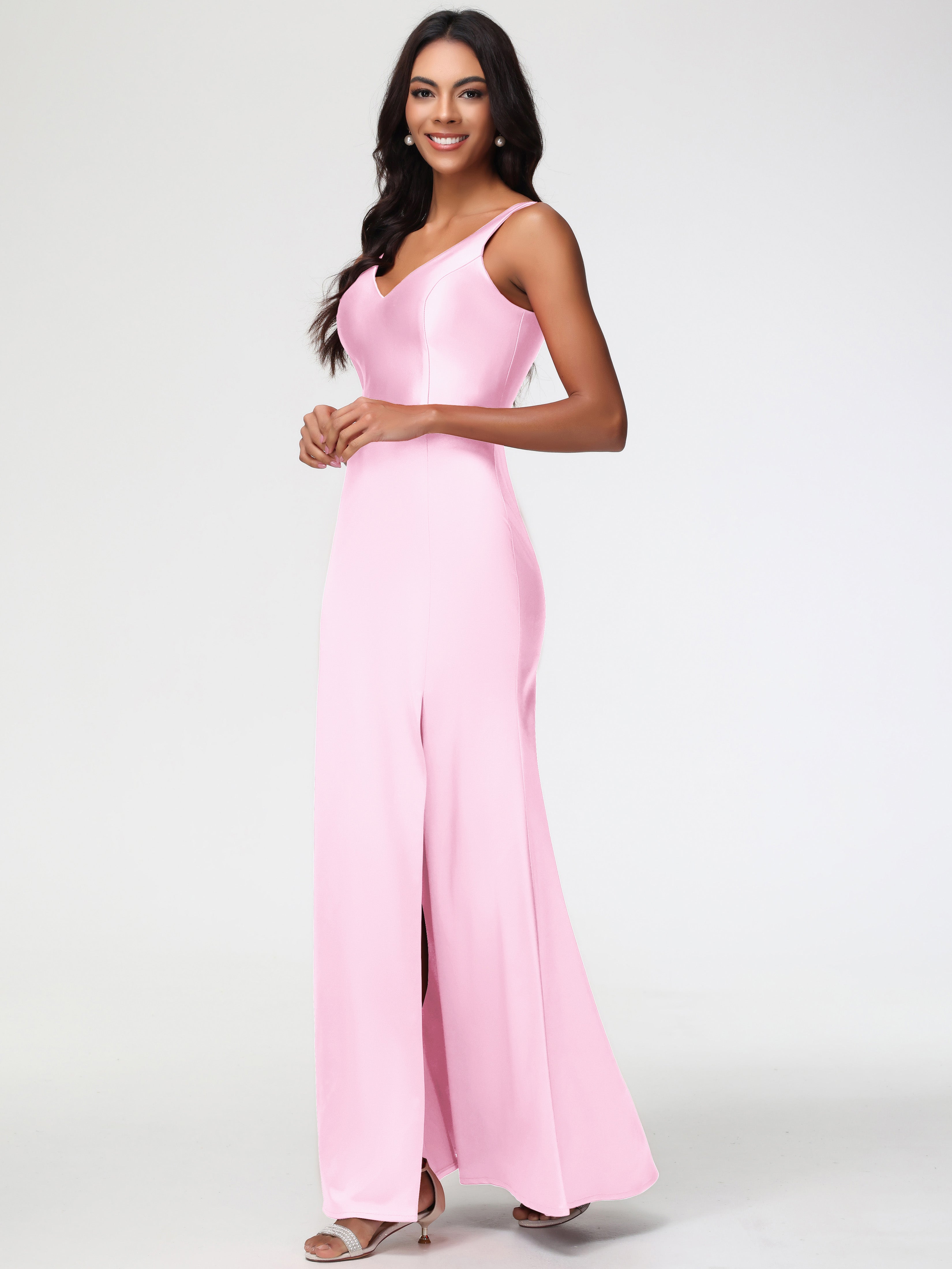 Robe Demoiselle Dhonneur Rose Pale Col V Fourreau/Colonne Satin Extensible Fendue Robe De Demoiselle D'Honneur